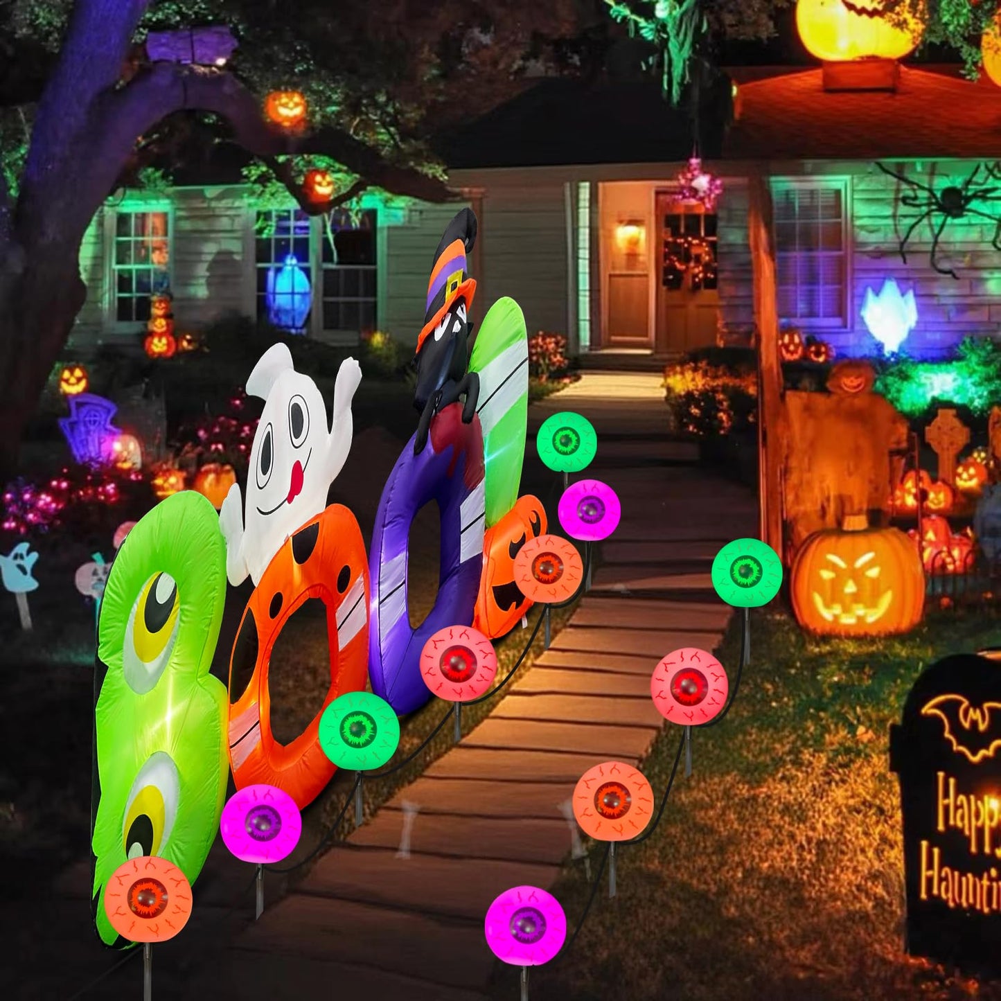 Outdoor Halloween Decorations Pathway Lights, 7Ft Halloween Eyeballs Pathway Markers String Light Waterproof with 4 LED Scary Eyeballs Stakes Lights for Outdoor Walkway Yard Lawn Garden