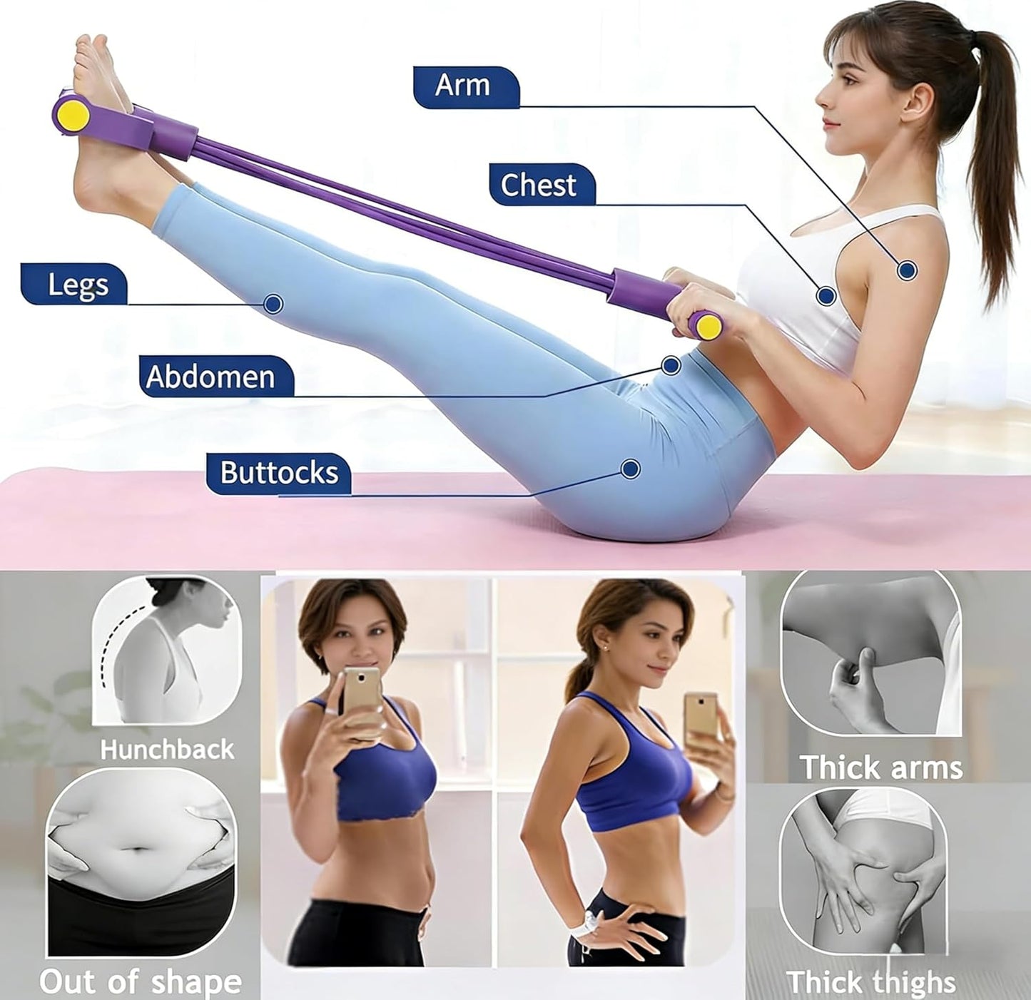 Skiennix Pedal Resistance Bands - 6-Tube Manual Tension Training for Women | Natural Rubber Design