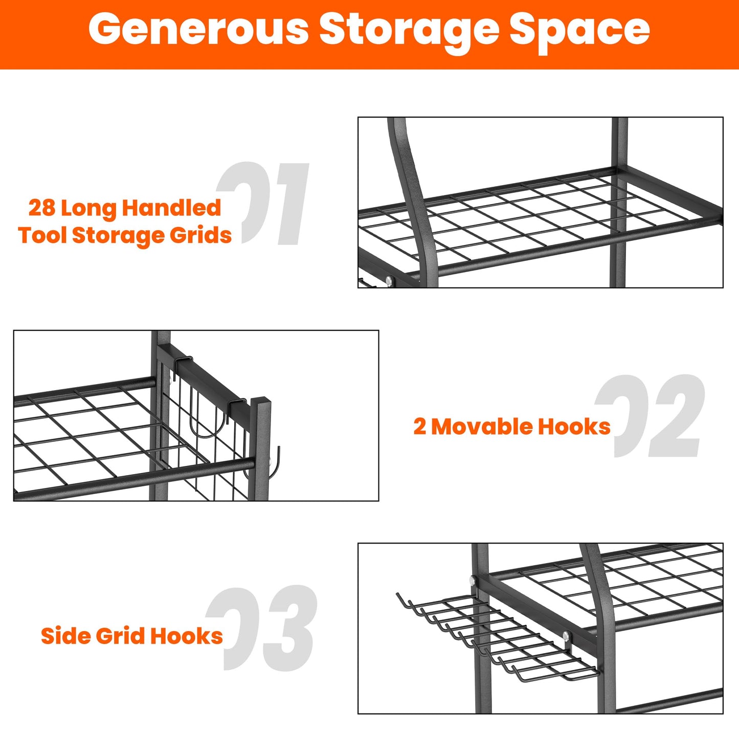 Ultrawall Garden Tool Organizer, Yard Tool Storage Stand for Garage with Lockable Wheels, Shed Tool Storage for Rake, Brooms, Indoor & Outdoor Use