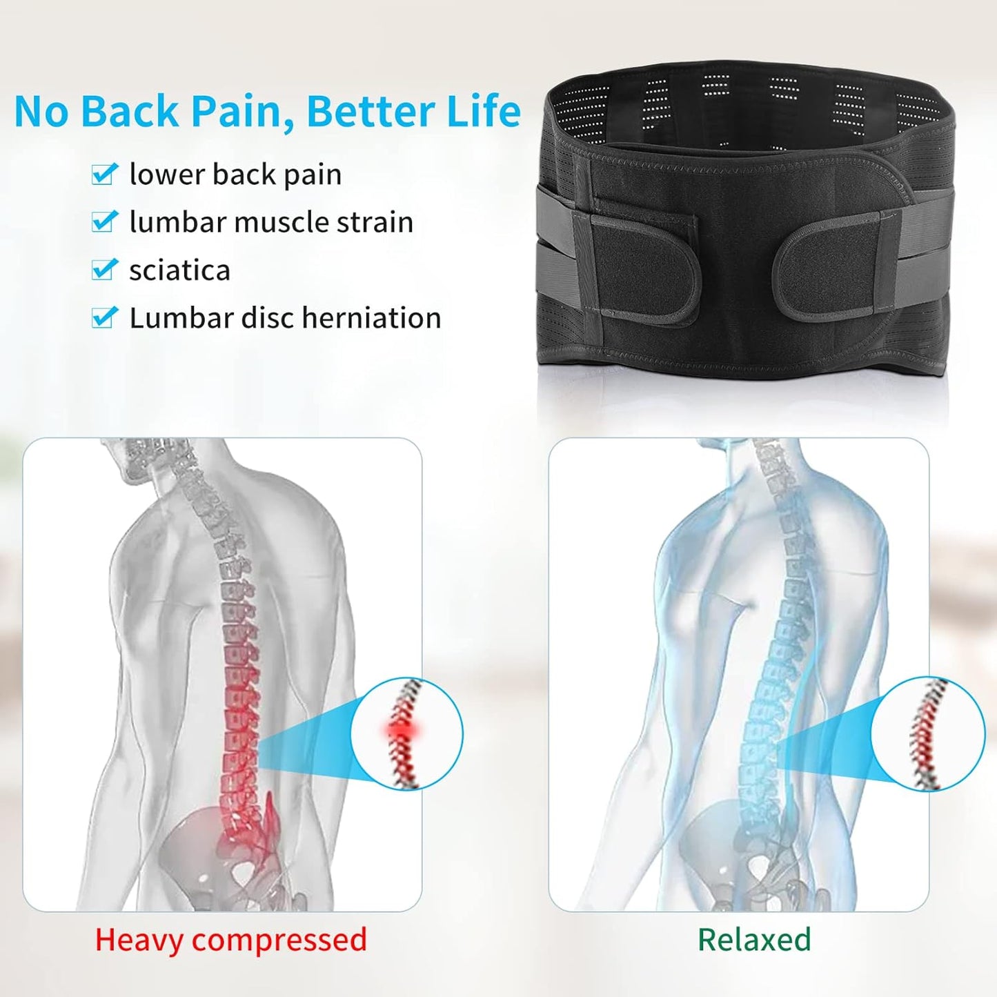 Skiennix Lower Back Brace - Breathable Support for Pain Relief | Adjustable Lumbar Belt (Medium, Black)