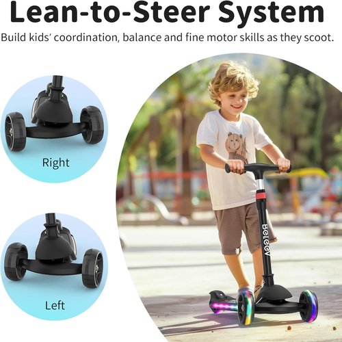 BELEEV A9 Kids Scooter - LED Light-Up Wheels & Deck, Adjustable Handlebar, 3-12 Years, Foldable Design