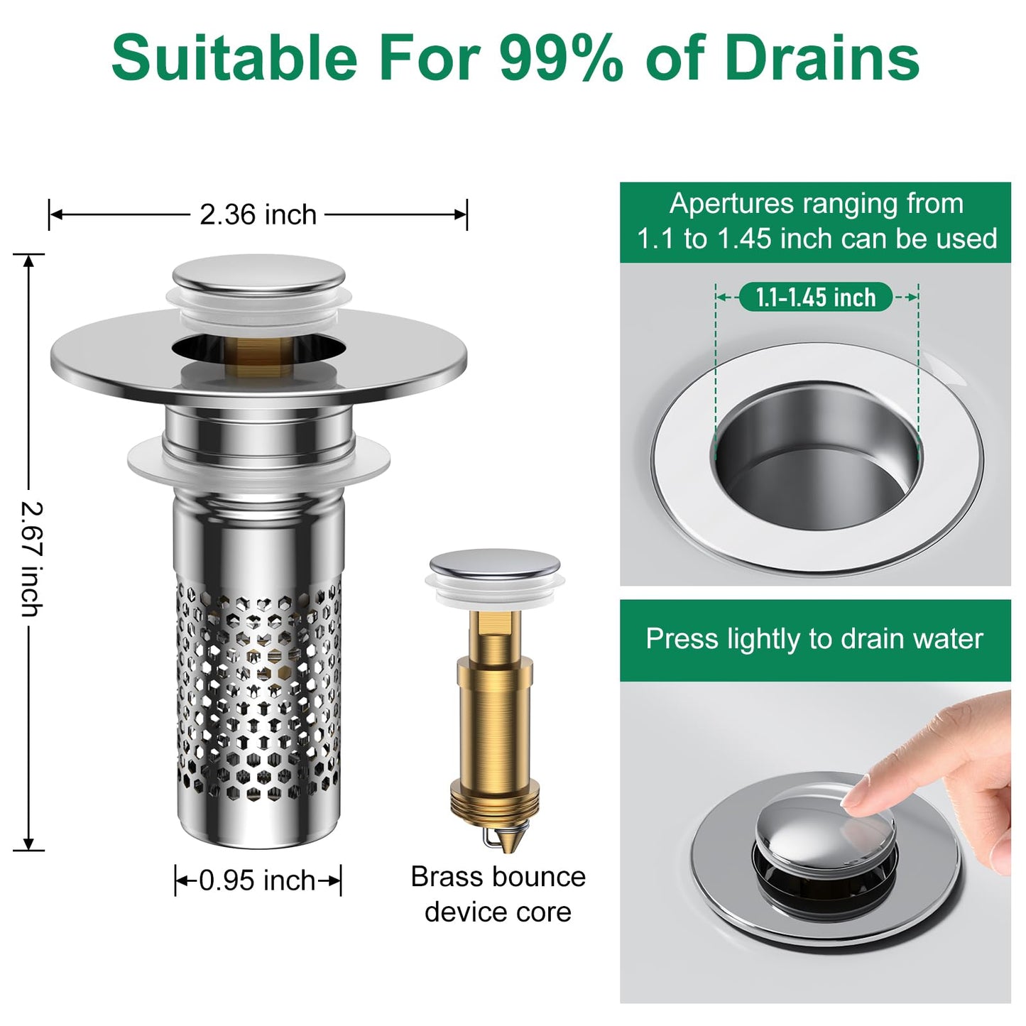 Bathroom Sink Drain Strainer,Universal Pop-Up Sink Stopper Hair Catcher, Anti-Clog Stainless Steel Drain Filter Basket, Removable Sink Drain for Bathroom Sink Stopper Replacement