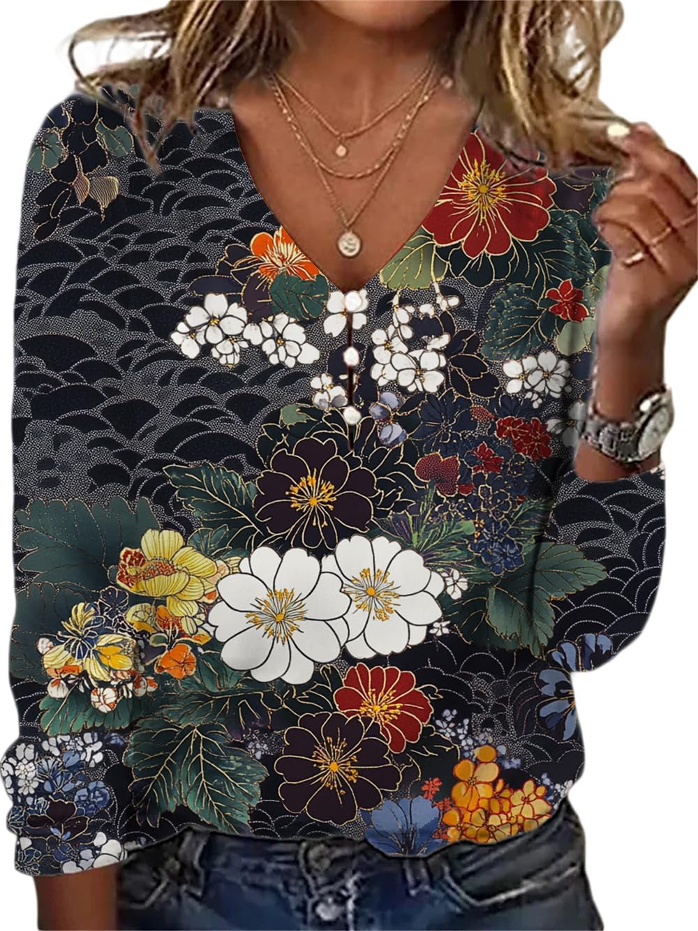 ZOCANIA Bohemian Tops for Women - Floral Button-Up Long Sleeve Blouses | Casual Plus Size Tunics