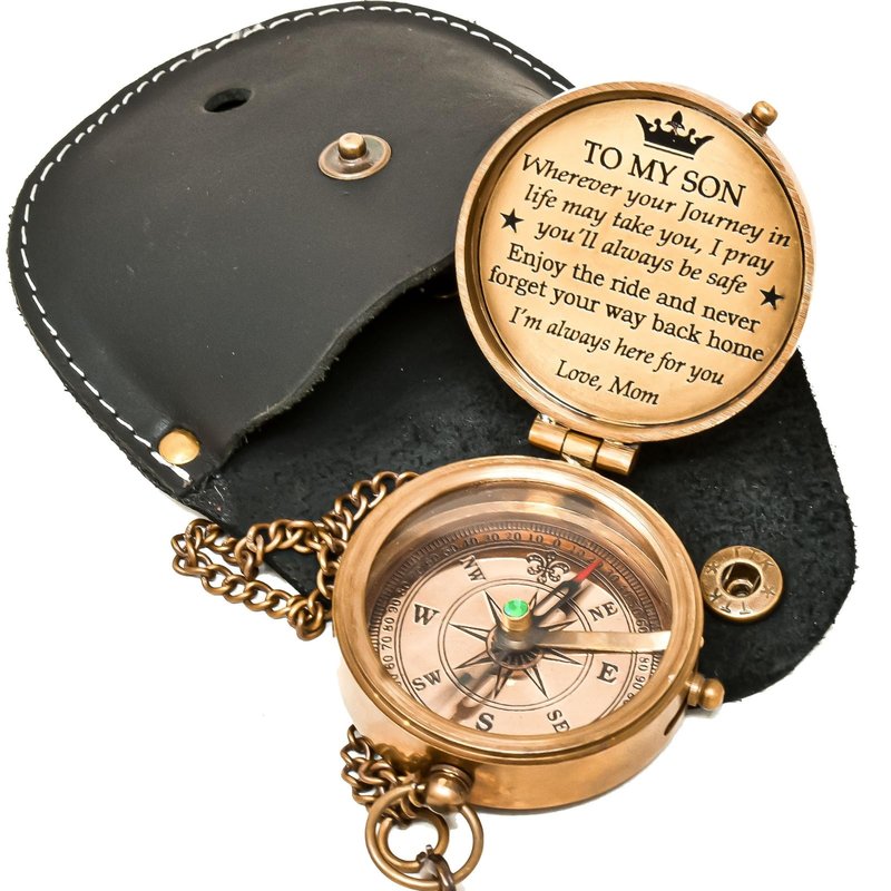 Gift for Son from Mom Dad, Engraved Compass, Father to Son Gifts, Mom to Son Gifts for Graduation, Birthday Baptism Confirmation Engraved Compass with Leather Case