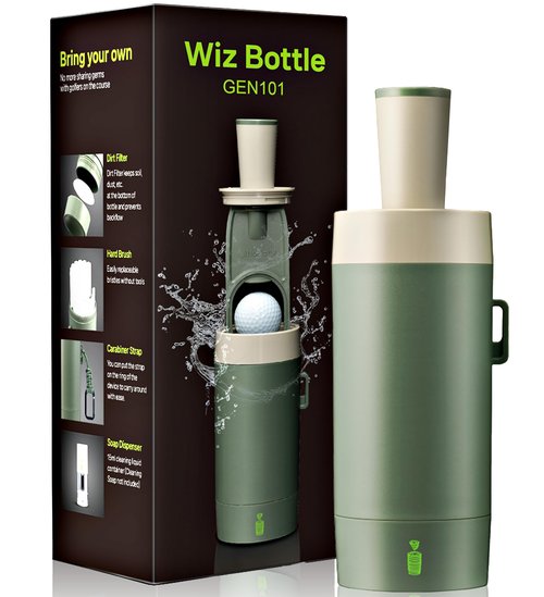 Wiz Bottle Golf Ball Cleaner Washer – Portable, Tool-Free, Patent-Pending Dirt Filter – Perfect Golf Gift for Tournaments, Men, Women, and Kids