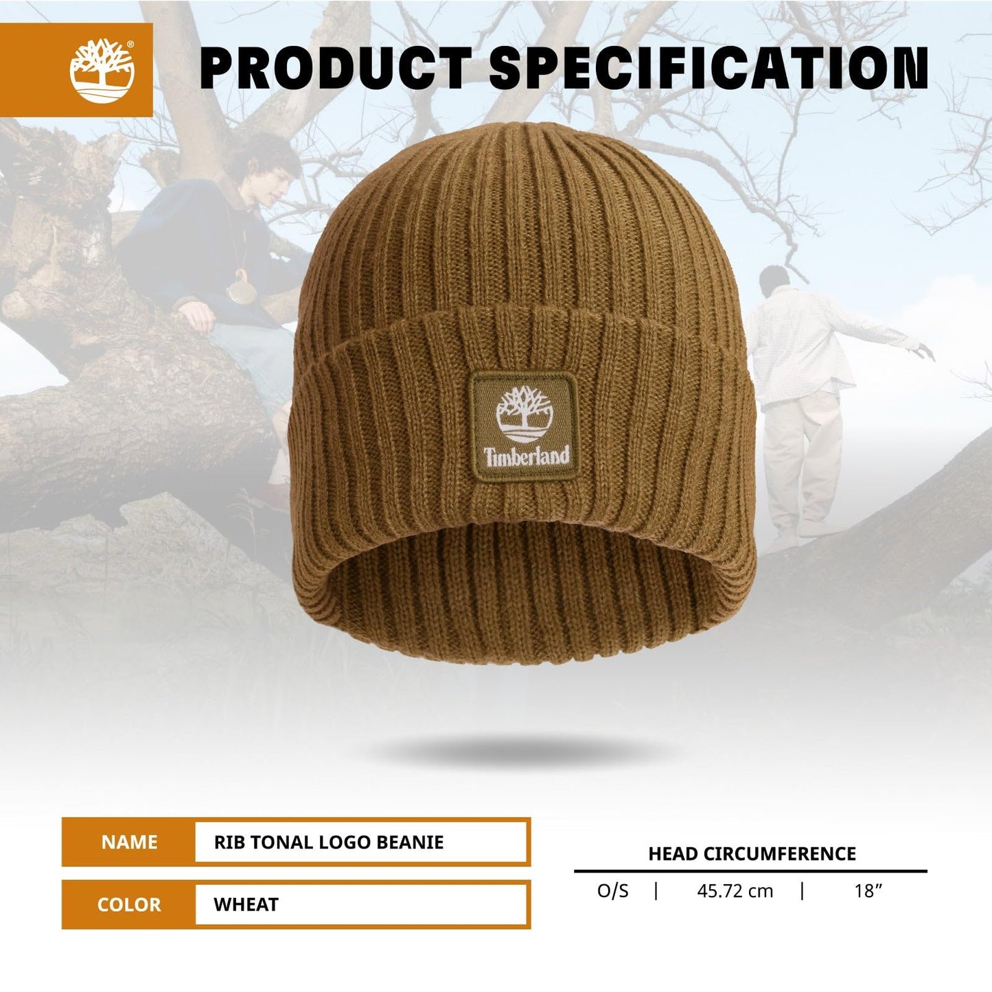 Timberland Men’s Rib Tonal Logo Beanie - Soft Knit Winter Hat, Stretch Fit, Foldover Cuff, Warm Texture for Cold Weather Wear, Wheat, One Size
