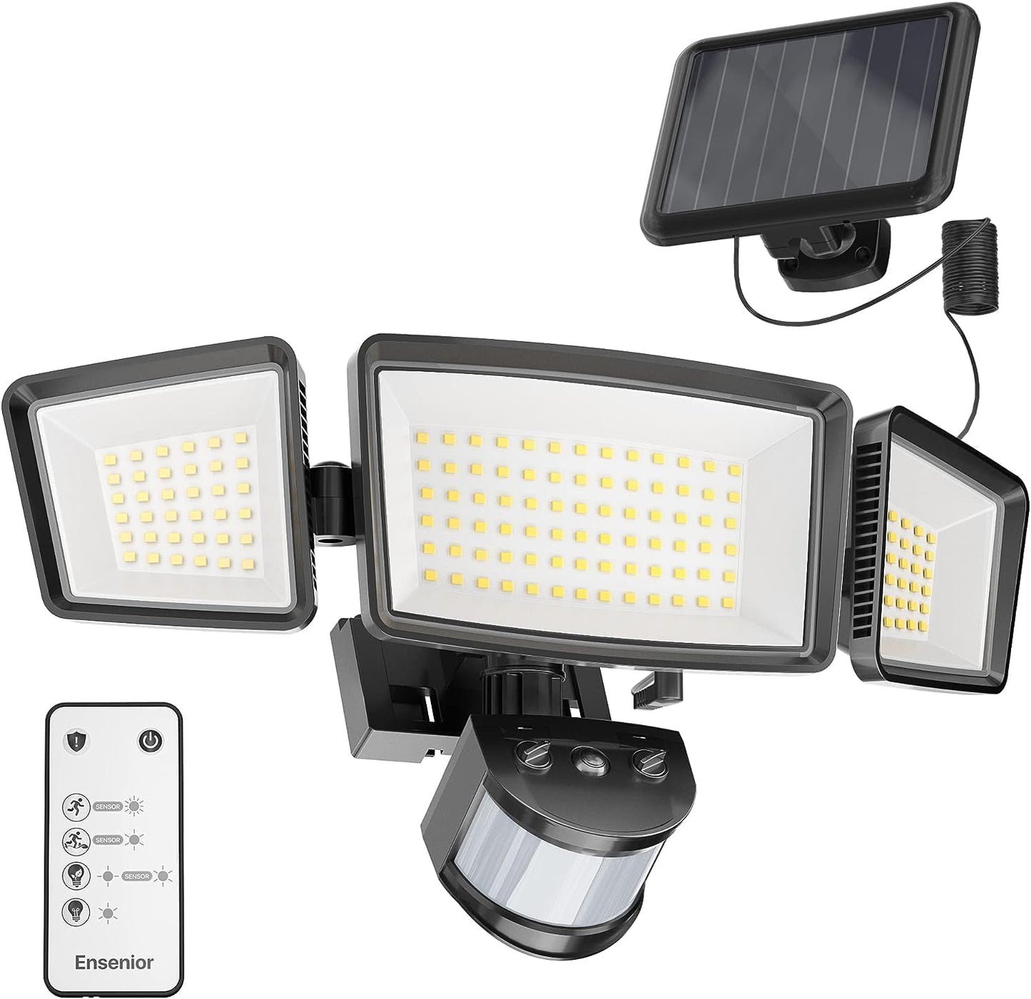 1800LM Solar Security Light with 3 Heads & Remote, 270° Wide Angle, IP65 Waterproof
