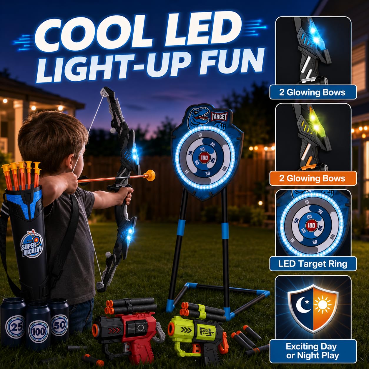 VROGTIK 2 Pack Kids LED Bow and Arrow Set with Standing Target, 20 Suction Cup Arrows, 2 Quivers & Foam Dart Toys, Indoor Outdoor Archery Toy Gift for Boys Girls Ages 3-12