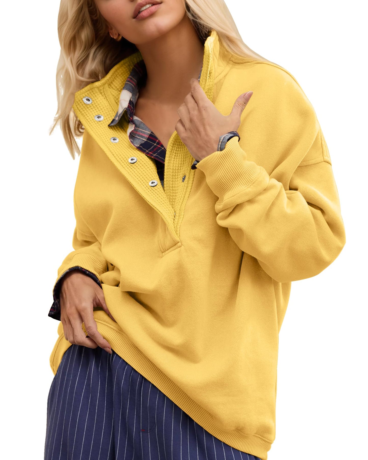 Gacaky Sweatshirt for Women Oversized Casual Long Sleeve Button Henley Neck Pullover Tops Fashion Outfits Clothes Canary Yellow S