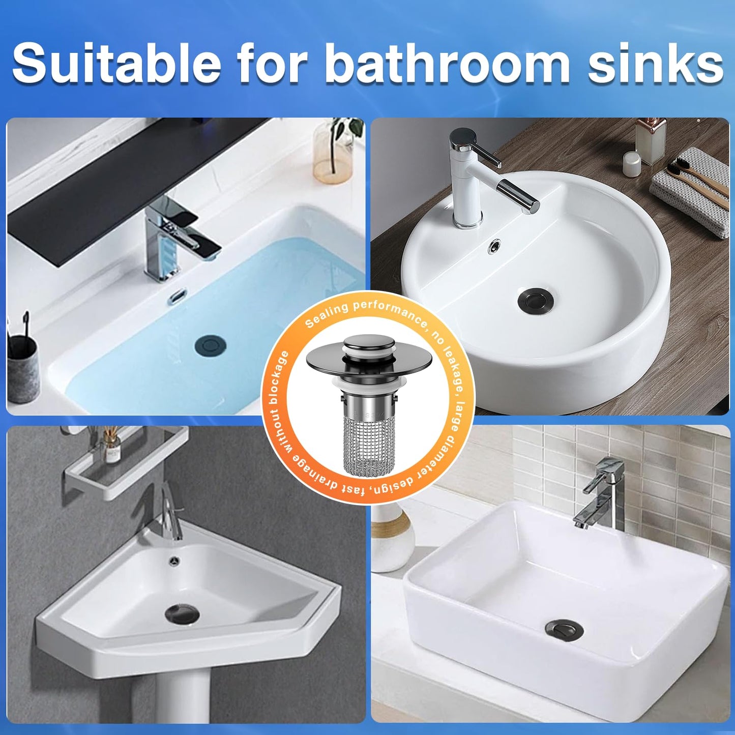 Sink Stopper Hair Catcher, Pop-up Sink Drain Strainer with Removable Stainless Steel Strainer Basket Hair Catcher, Bathroom Sink Strainer for Bathroom Sink Stopper Replacement