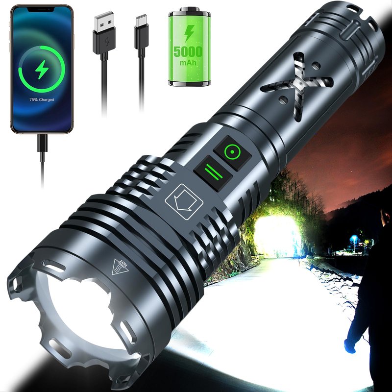 Super Bright 5500.000 High Lumens Flashlights Rechargeable, Powerful LED Flashlight 6 Mode, Zoomable Tactical Flashlights 5000mAh Long Life Battery, Anti-drop Wear-resistant for Home Emergency Camping