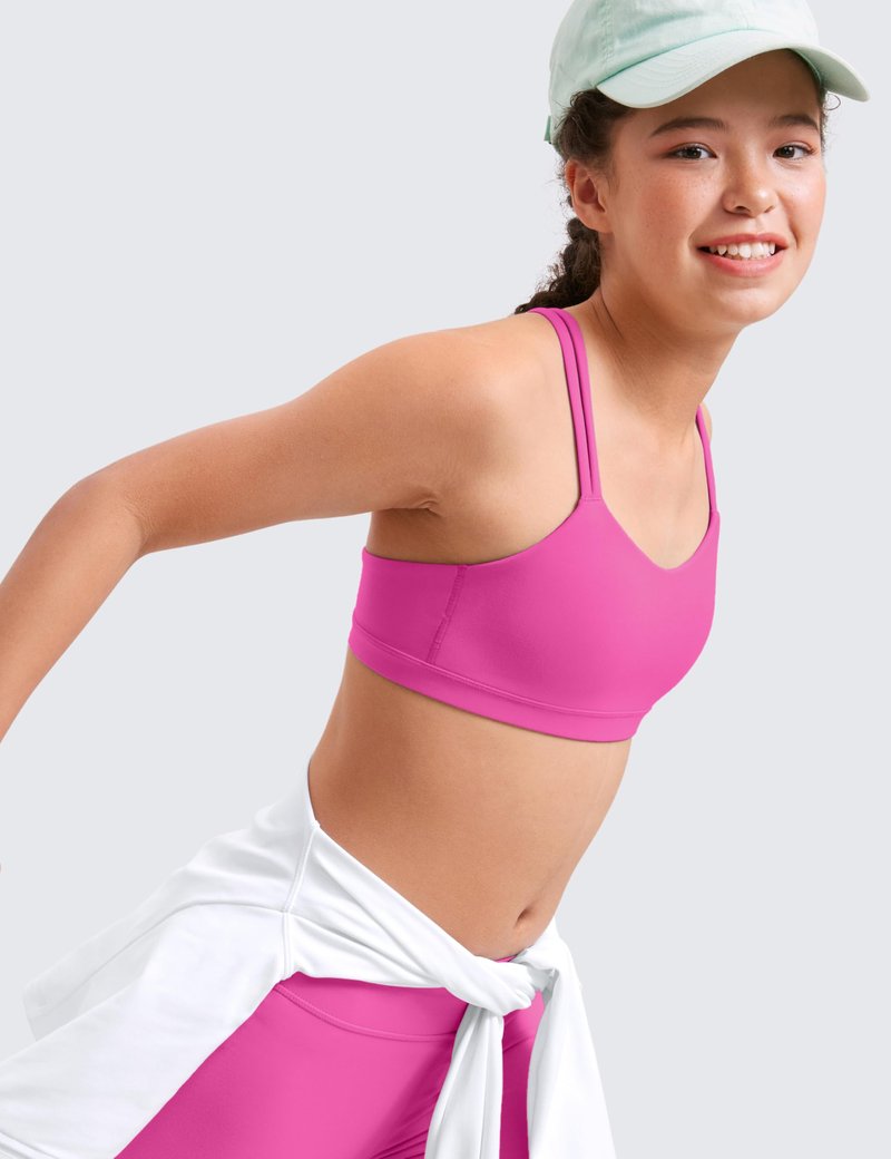 CRZ YOGA Girls Softness Mold Butterluxe Cross Sports Bra - Yoga Athletic Casual Double Spaghetti Strap Scoop Neck Kids Teen Light Purple Large