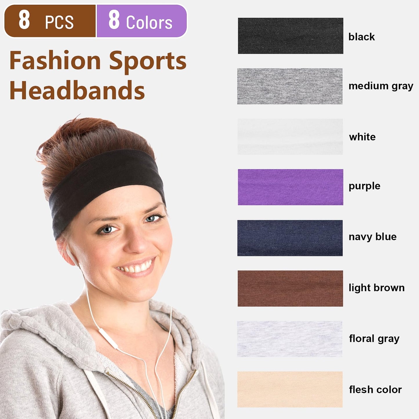 Headbands for Women, 8 PCS Elastic Head Bands for Women's Hair, Premium Workout Headbands for Women Non Slip, Fashion Stretchy Soft Cotton Cloth Fabric Sports Sweat Band for Yoga Running