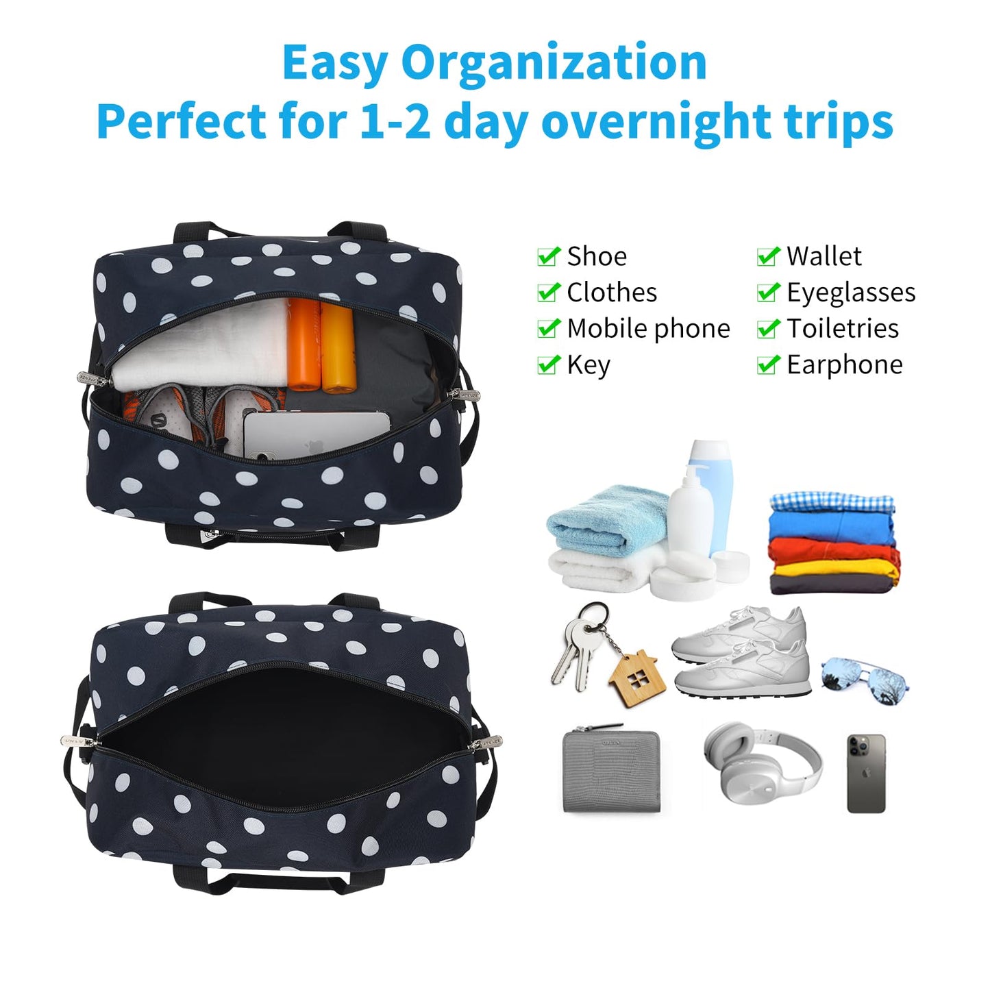 Apenze Small Gym Bag 14 inch lightweight Carry On Mini Duffel Bag for Travel Sport - Polka Dot Blue