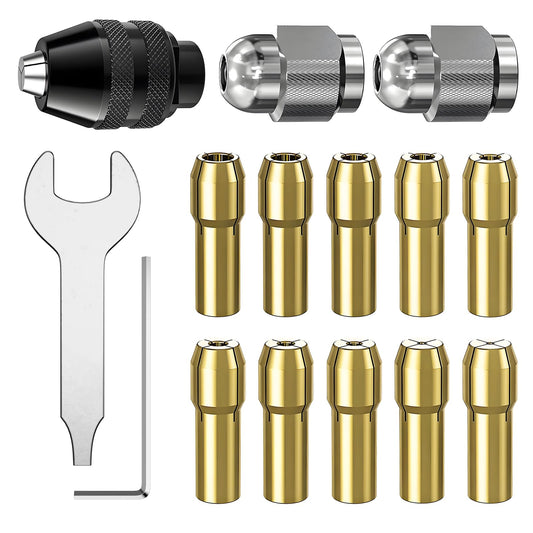 LuMuank 15Pcs Chuck Collet Set for Dremel Tool Accessories, 1/32” (0.8mm) to 1/8” (3.2mm) Shank Replacement 4486 Rotary Tool Keyless Quick Change Chuck Bit with Replacement 4485 Brass Collet Metal Nut