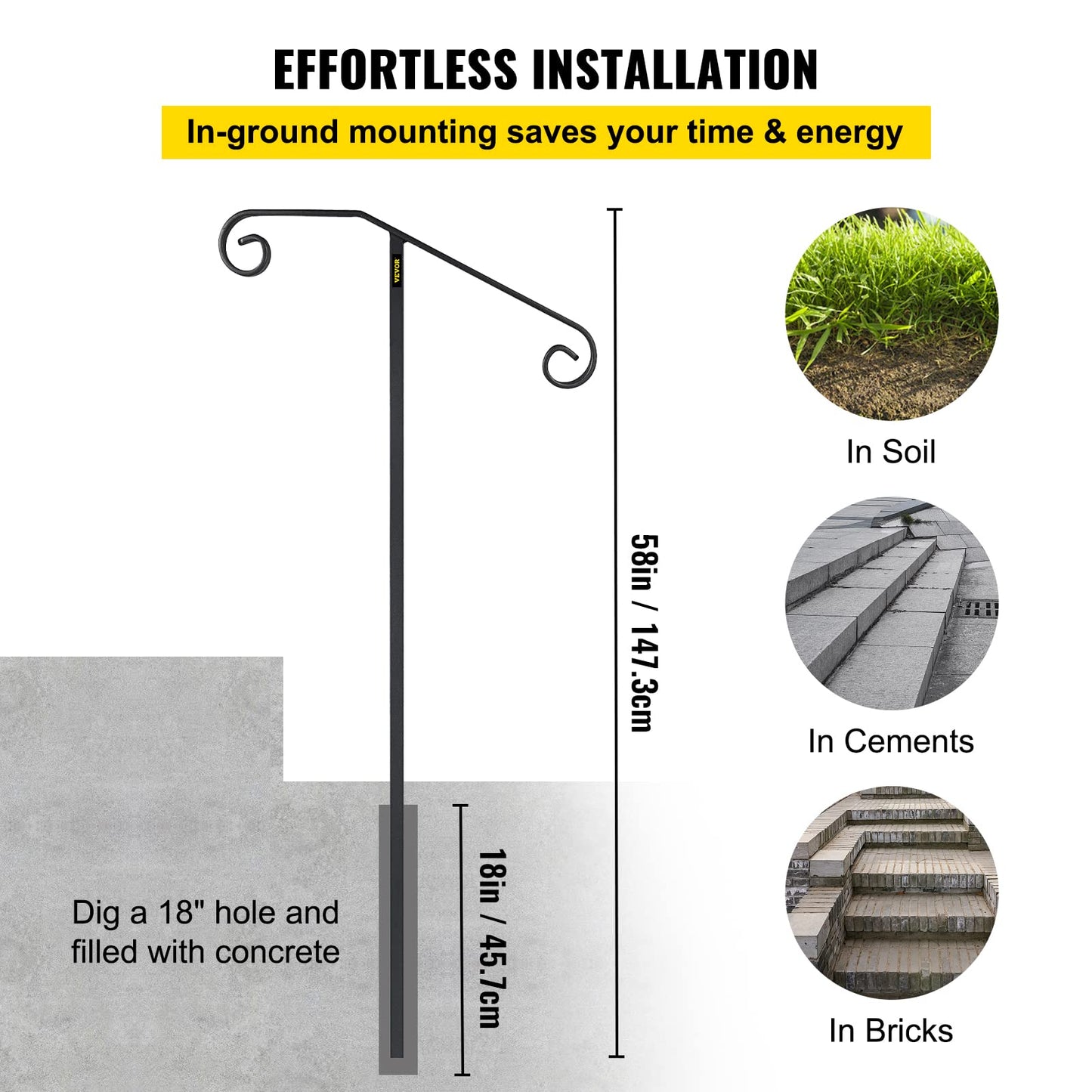 VEVOR Single Post Handrail Wrought Iron Post Mount Step Grab Supports in Ground Long Post Fits 1 or 2 Steps Grab Rail Single Post Railing (Gray)