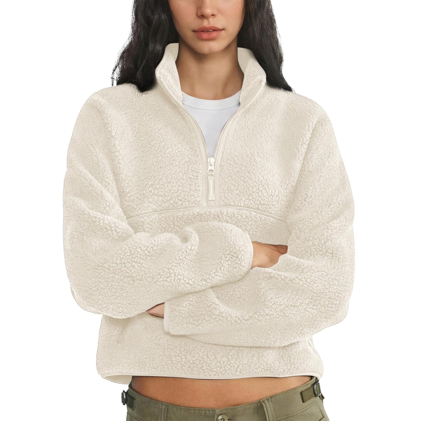 Yioaga Fleece Sweatshirts for Women Cropped Long Sleeve Half Zip Pullover Sherpa Jacket Warm Fuzzy Coats with Pockets(Beige,S)