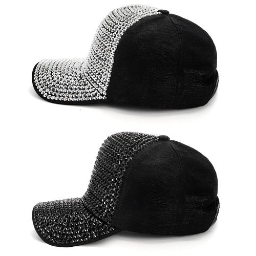 Peohud Set of 2 Rhinestone Baseball Caps, Adjustable Snapback Baseball Hat for Women Men, Breathable Sparkle Bling Sun Hat for Sport, Party, Outdoor Activities Black