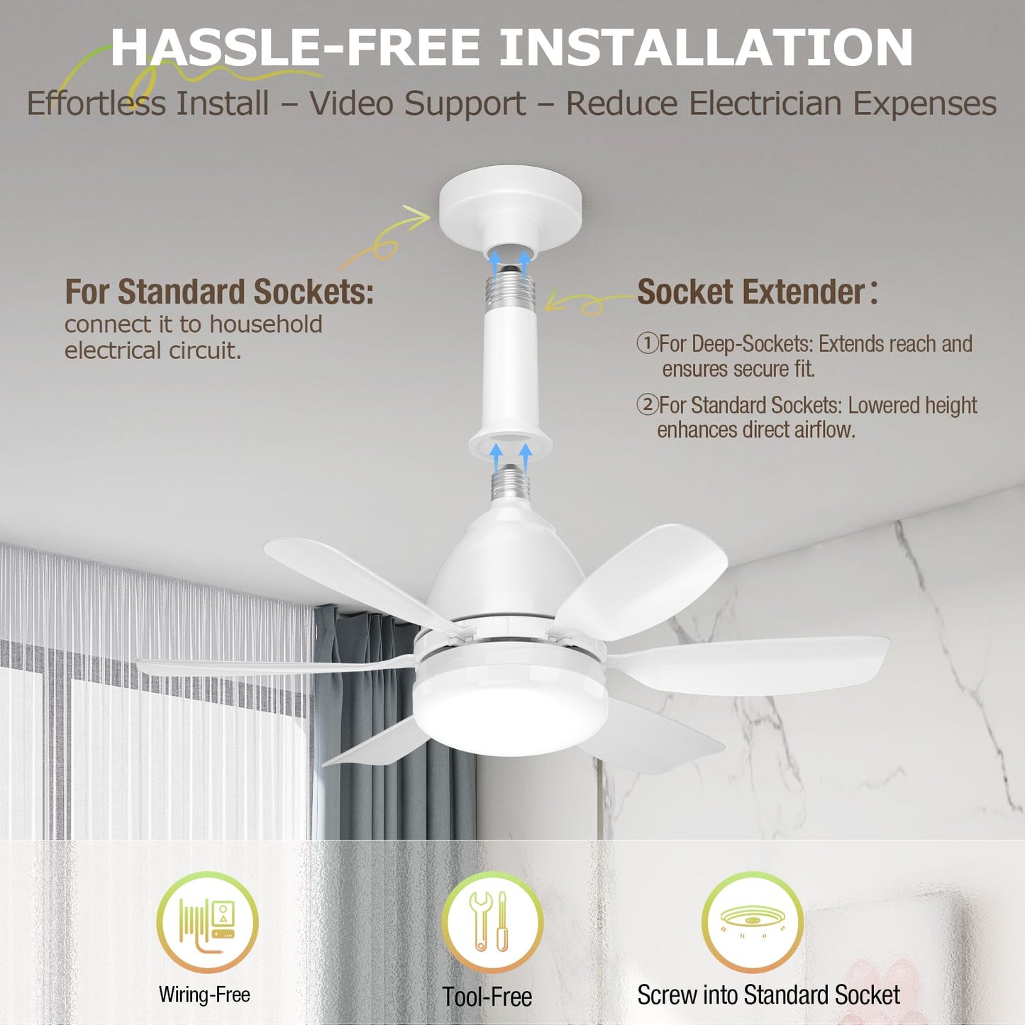 Ealken Socket Fan Light Ceiling Fans with Lights and Remote, Dimmable LED 3 Colors 3000K-6500K, 1556 Lumens Light Bulb Screw in Ceiling Fan for Bedroom, Kitchen, Living Room, Closet
