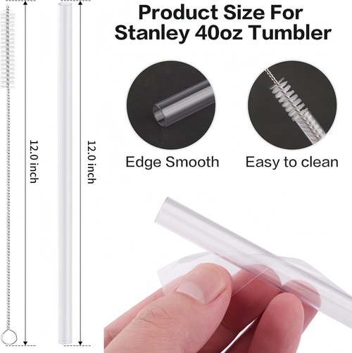 Joshey 12 Inch Tritan Replacement Straws - 6 Pack Reusable Long Straws with Cleaning Brush | Fits 30oz & 40oz Stanley Cups, BPA-Free (Clear)