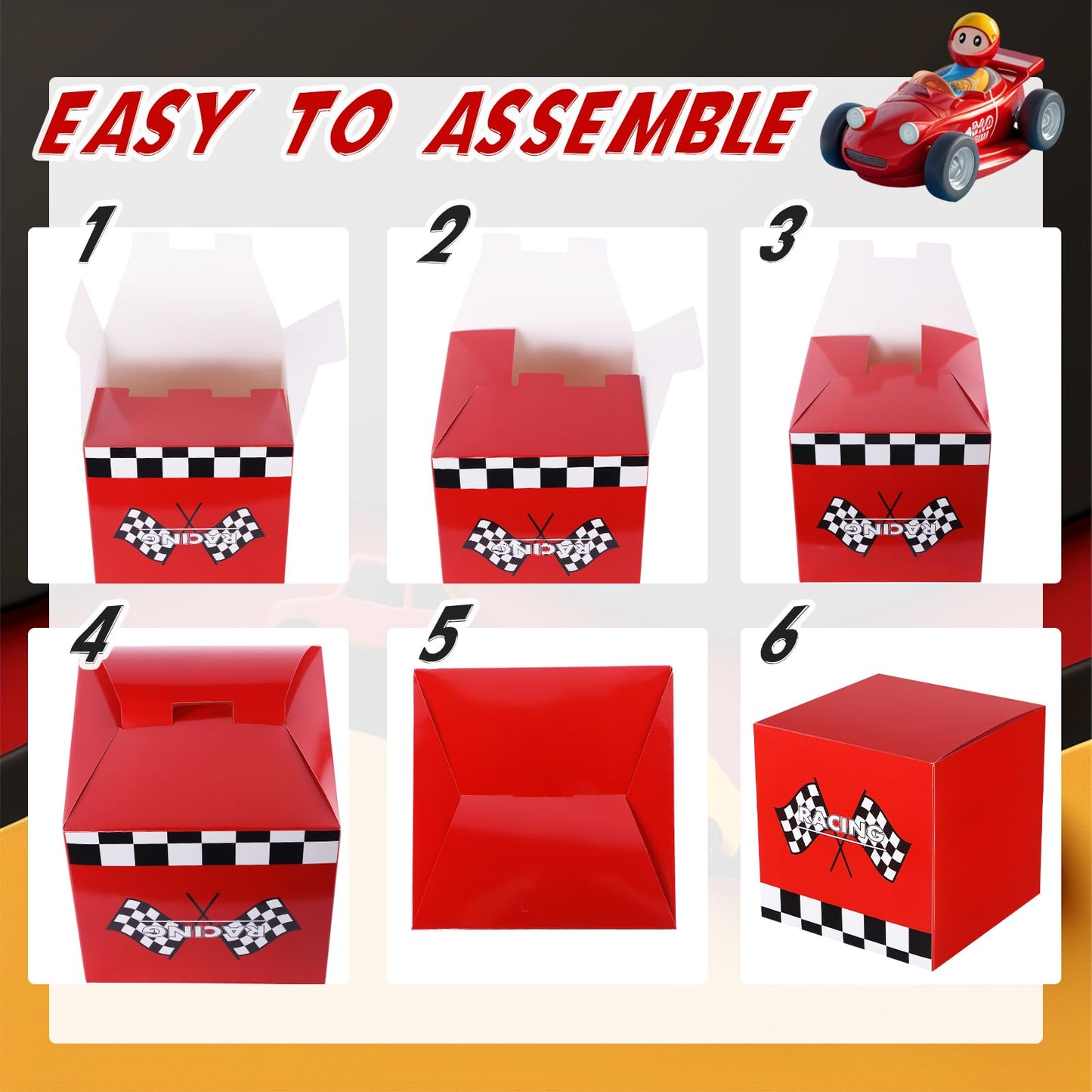 Zhanmai 4 Pcs Large Racing Car Party Boxes 11.8 x 11.8 Inch Goodie Checkered Boxes for Birthday Decor Truck Theme Race Car Podium Centerpiece Decorations Cardboard Party Favors(Red)