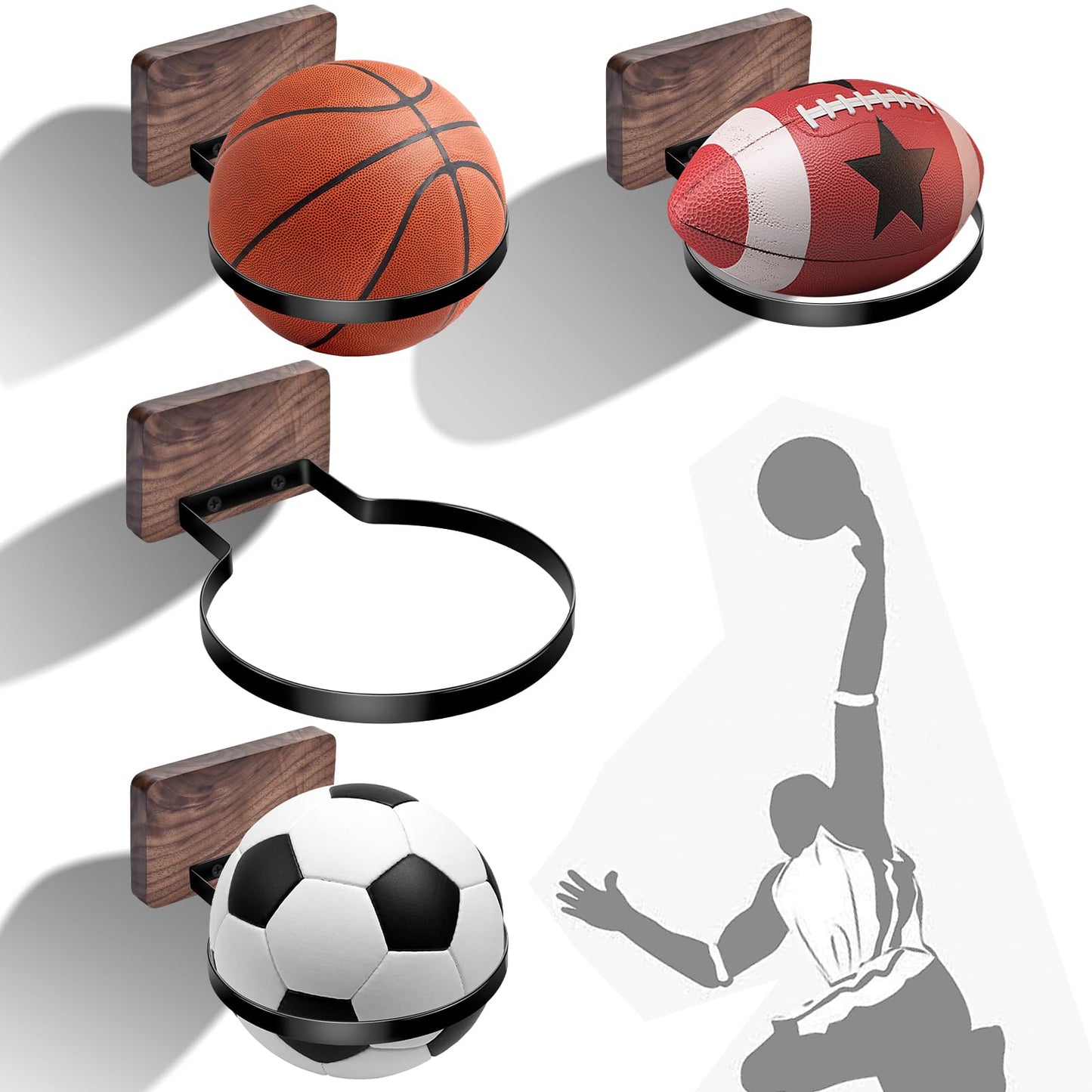 Basketball Holder Wall Mount, Black Walnut Ball Storage Wall Decorations for Basketball, Football, Soccer, Volleyball Collection, Stylish Basketball Rack Display for Home Decor (Black Wood-4 Packs)