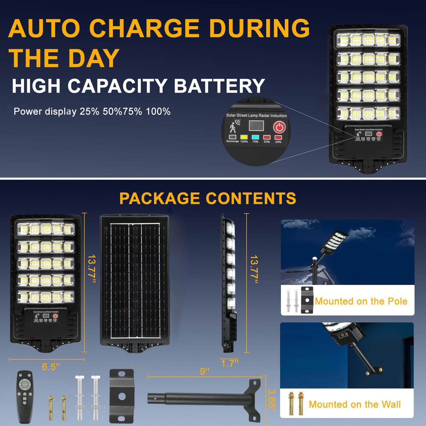 4-Pack Solar Street Lights, 30000lm Outdoor Flood Light, 2 Motion Sensor Modes, Dusk to Dawn, IP66 Waterproof Solar Powered Parking Lot Light with Remote Control, 6500k Dimmable Security Lamp