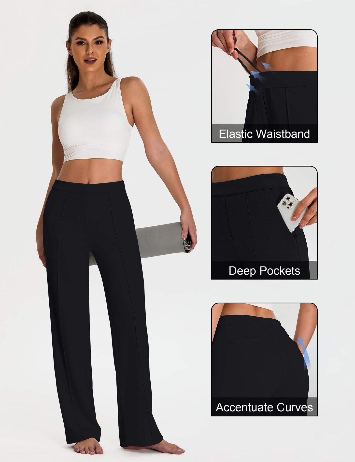 BMJL Women's Work Pants 32" High Waisted Casual Track Pant Yoga Travel Golf Joggers Pockets Slacks Fall Clothes (Large, Black)