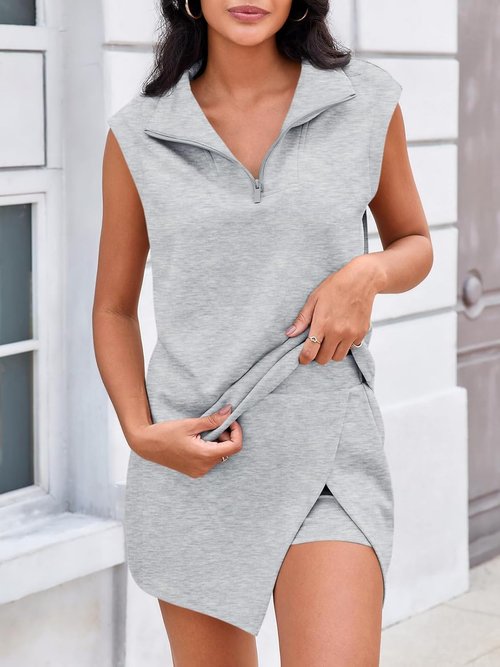 Fisoew Women's 2-Piece Skirt Set - Summer Sleeveless Half-Zip Sweatshirt & Athletic Skorts | Casual Tennis Outfit