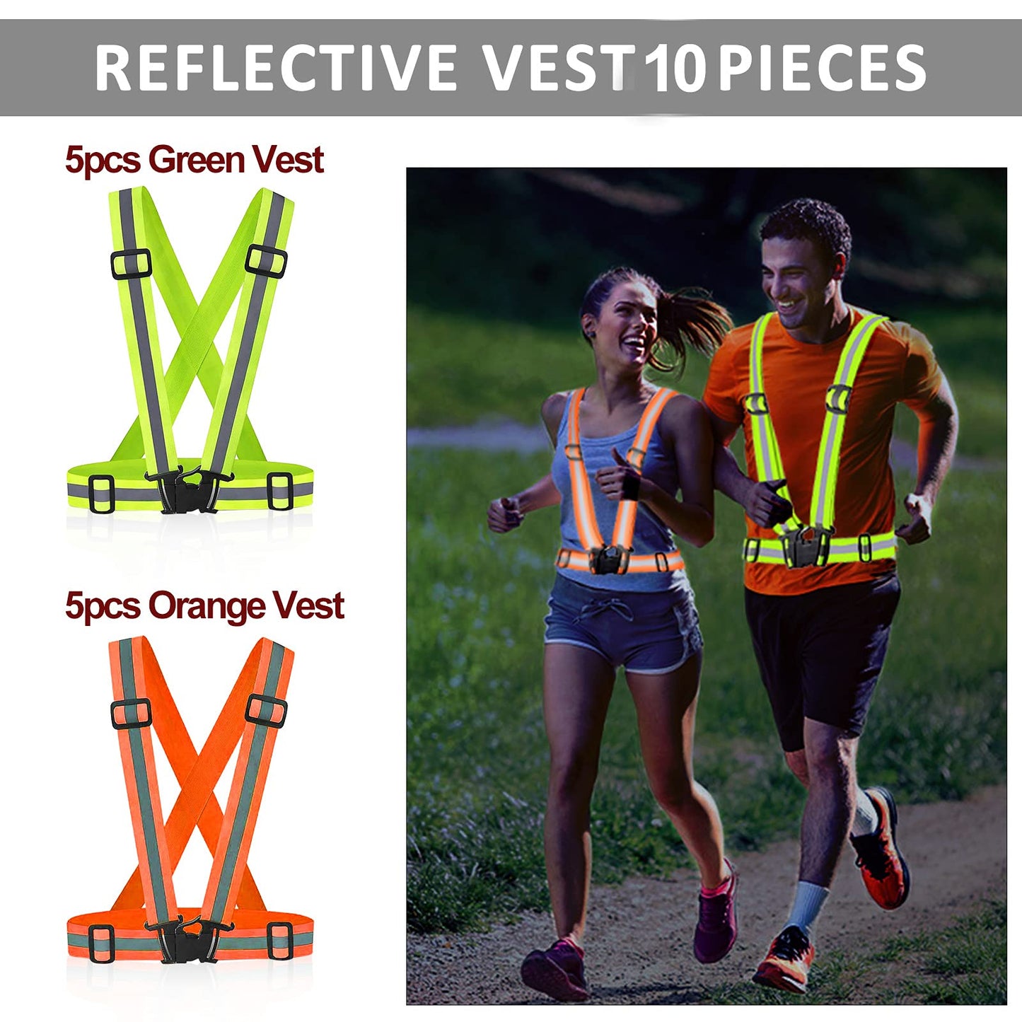 Miushion Reflective Vest | Safety & High Visibility for Running, Jogging, Dog Walking, Cycling | Adjustable & Elastic Reflector Fits Outdoor Clothing (Pack of 10, Orange & Green)