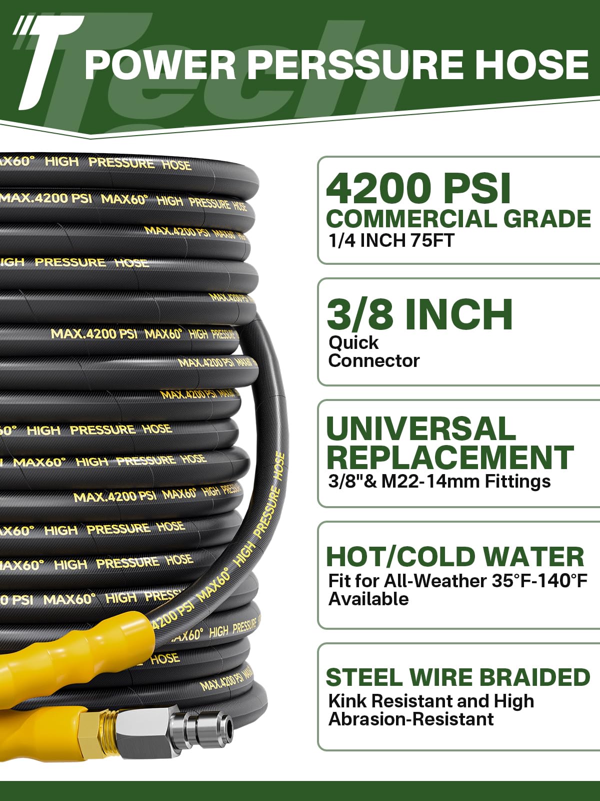 TechSweepPro 4200PSI Pressure Washer Hose 75FT with 3/8" Swivel Quick Connect for Cold/Hot Water, Kink Resistant Steel Wire Braided, Wear Resistant Power Washer Hose with 2 M22 14mm Adapter Set