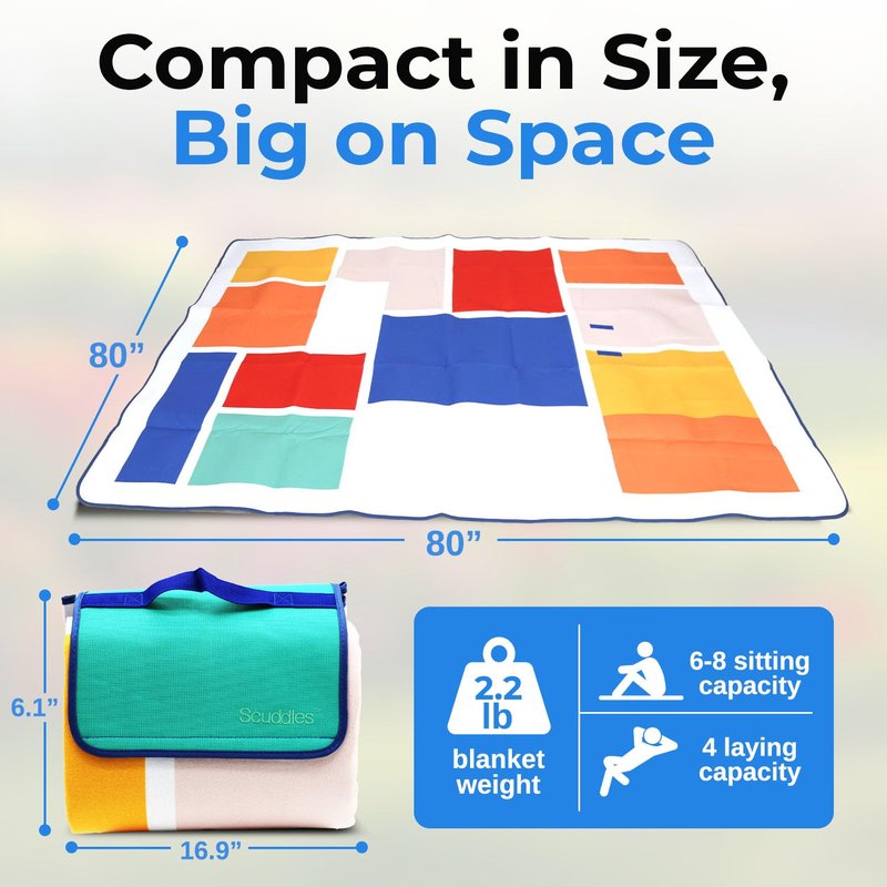 scuddles Extra Large Picnic Blanket – 80" x 80" Waterproof Outdoor Mat with Soft 3-Layer Comfort, Foldable Design & Carry Strap for Beach, Camping, Parks, Hiking & Family Picnics