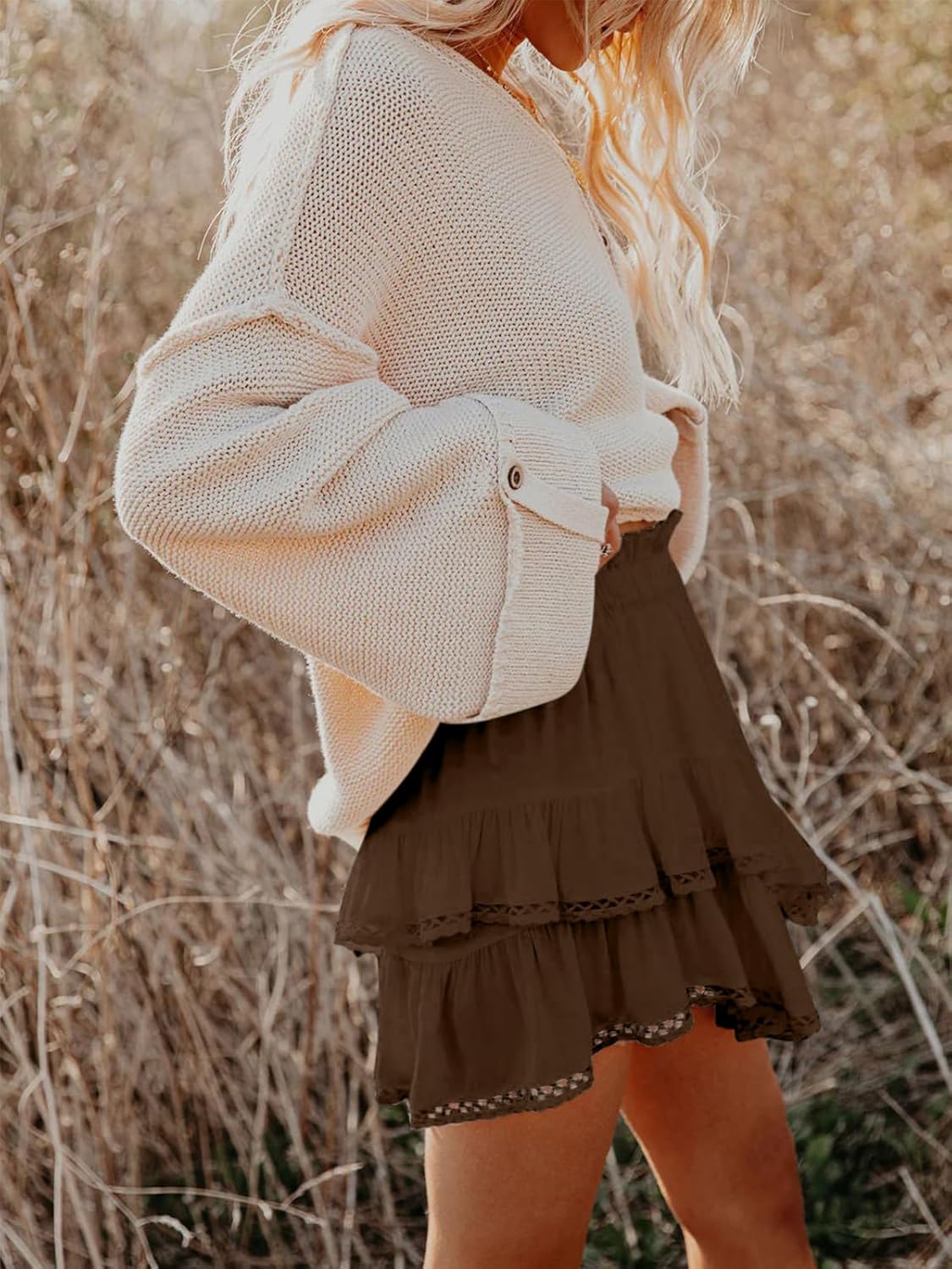Aoudery Flowy Shorts - Women's Casual Boho Ruffle Tiered High Waist Skorts | Mini Golf & Tennis