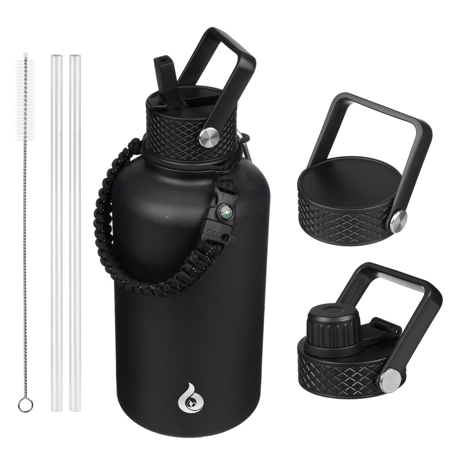 BJPKPK Half Gallon Insulated Water Bottles with Straw Lid, 64oz Large Water Jug, Stainless Steel Bottles with 3 Lids and Paracord Handle, Thermo for Hot & Cold Liquid, Black