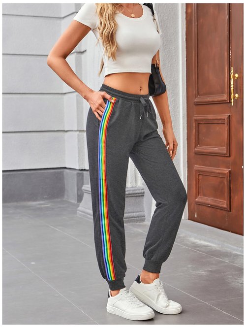 SweatyRocks Women's Drawstring Waist Striped Side Jogger Sweatpants with Pocket Dark Grey Small