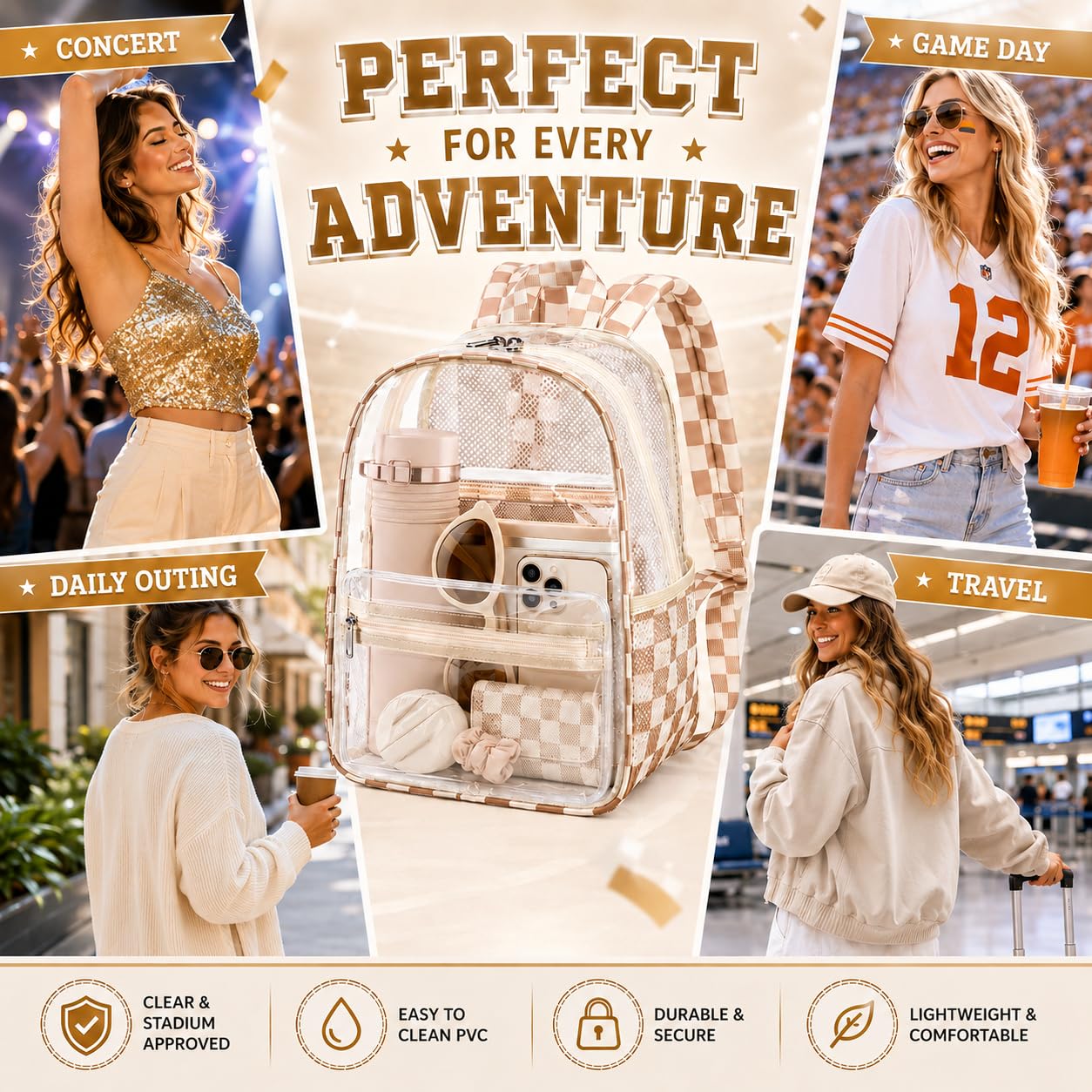 BTOOP Mini Clear Backpack for Stadium Events, 12 x 9 x 5 Inch Transparent PVC Bookbag, Fits Within Common 12x12x6 Stadium Bag Limits, for Concerts, Festivals, Women and Teens
