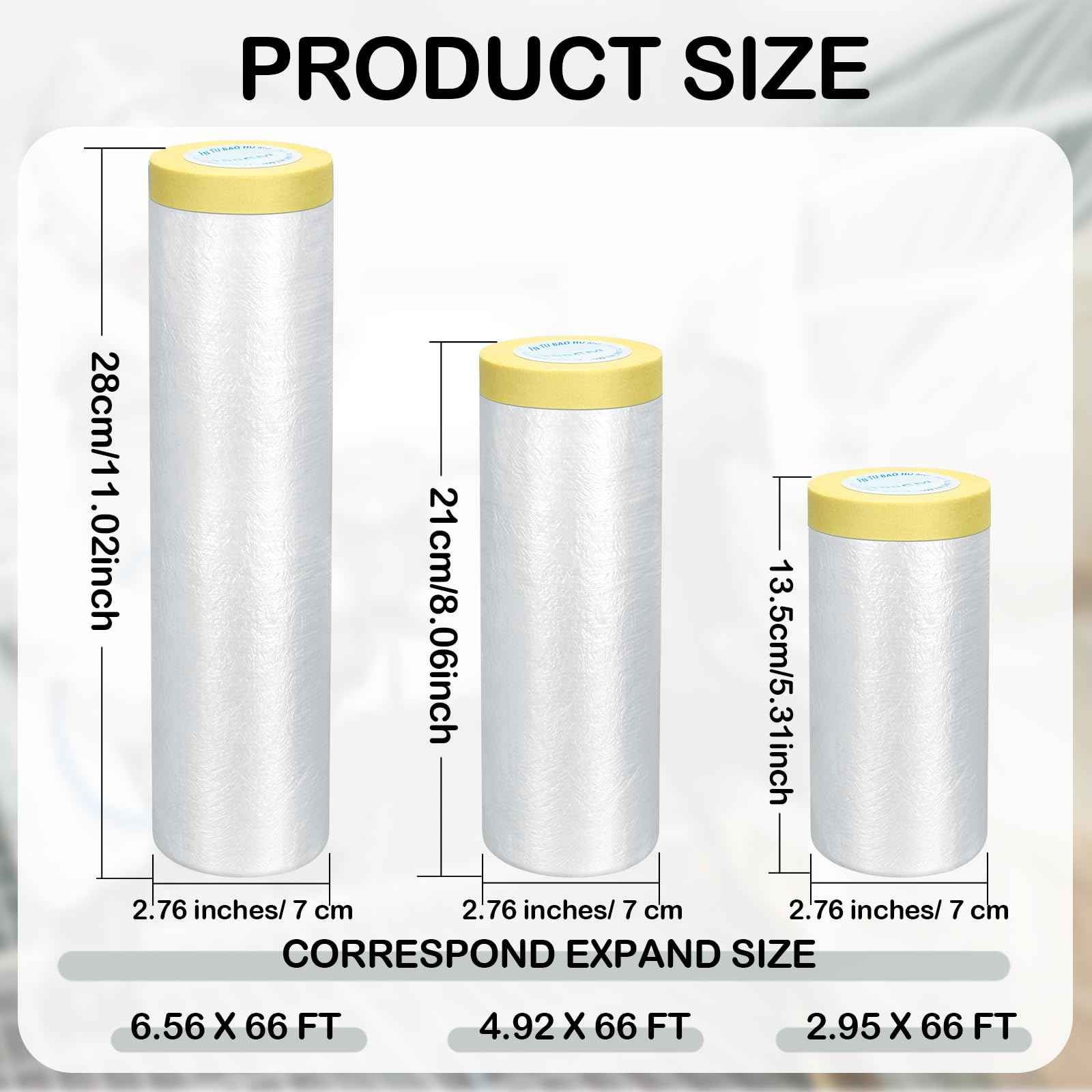 Fainne 12 Rolls Assorted Plastic Sheeting Pre Taped Masking Film Clear Masking Paper for Automotive Painting Covering Painting Supplies, 3 Multi Sizes x 66 Feet/roll