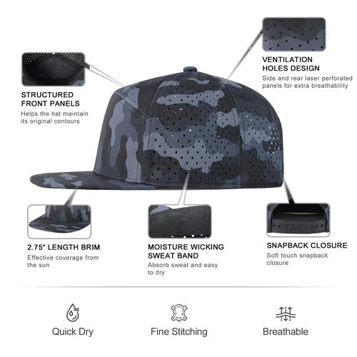 FEINION Men Flat Brim Adjustable Performance Hat Snapback Laser Perforated Baseball Cap (Grey Camouflage)