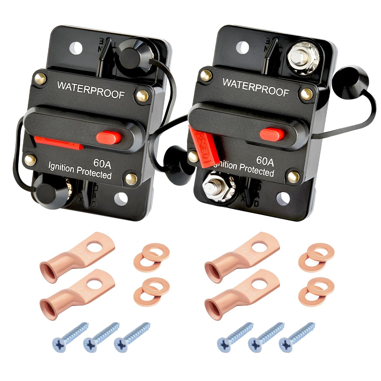 60Amp Circuit Breaker | DC 12V-48V for Marine, RV, Solar Systems - IP67 Waterproof, Manual Reset (Pack of 2)