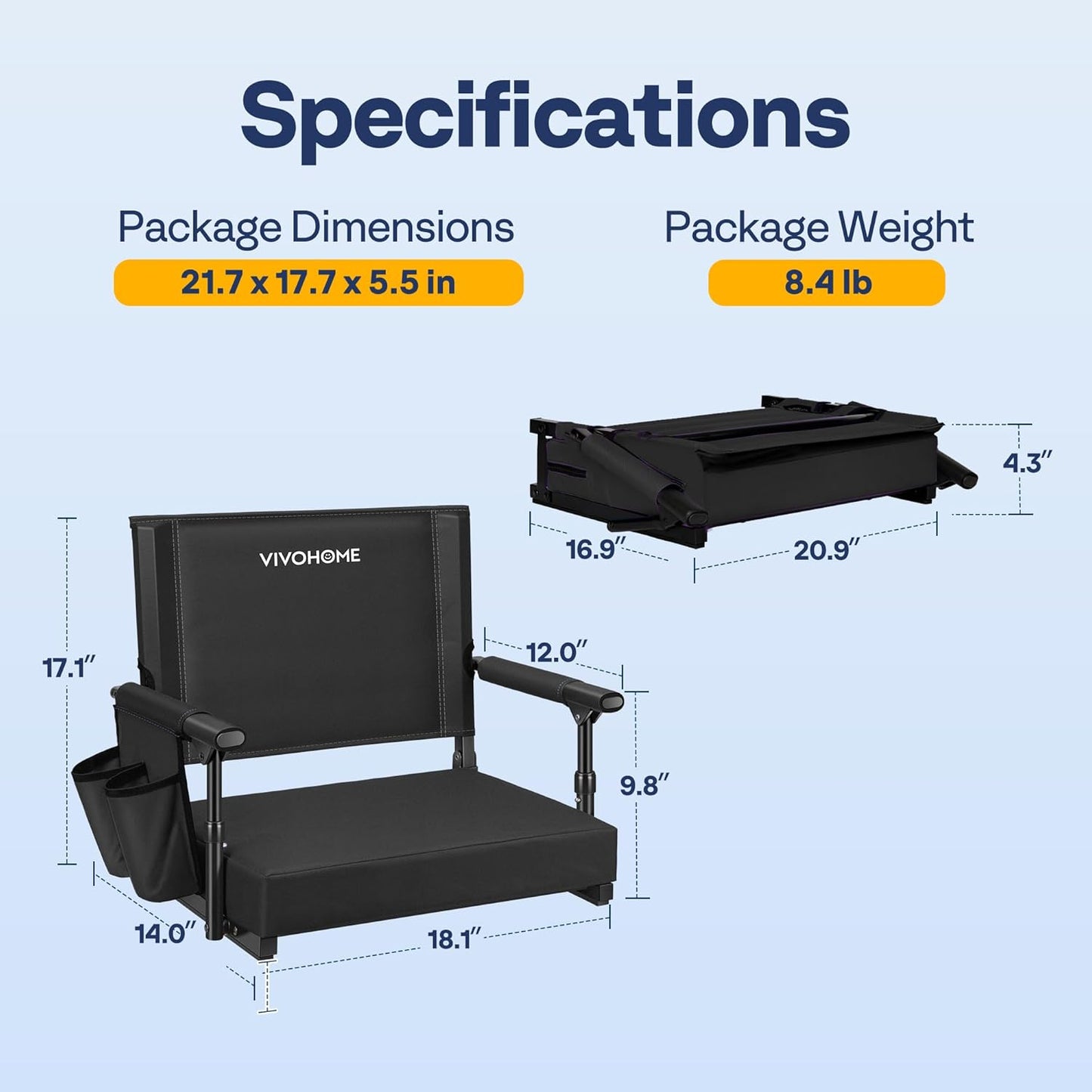 VIVOHOME Portable Stadium Seat - Comfortable Bleacher Chair with Back Support & Cup Holder | Black