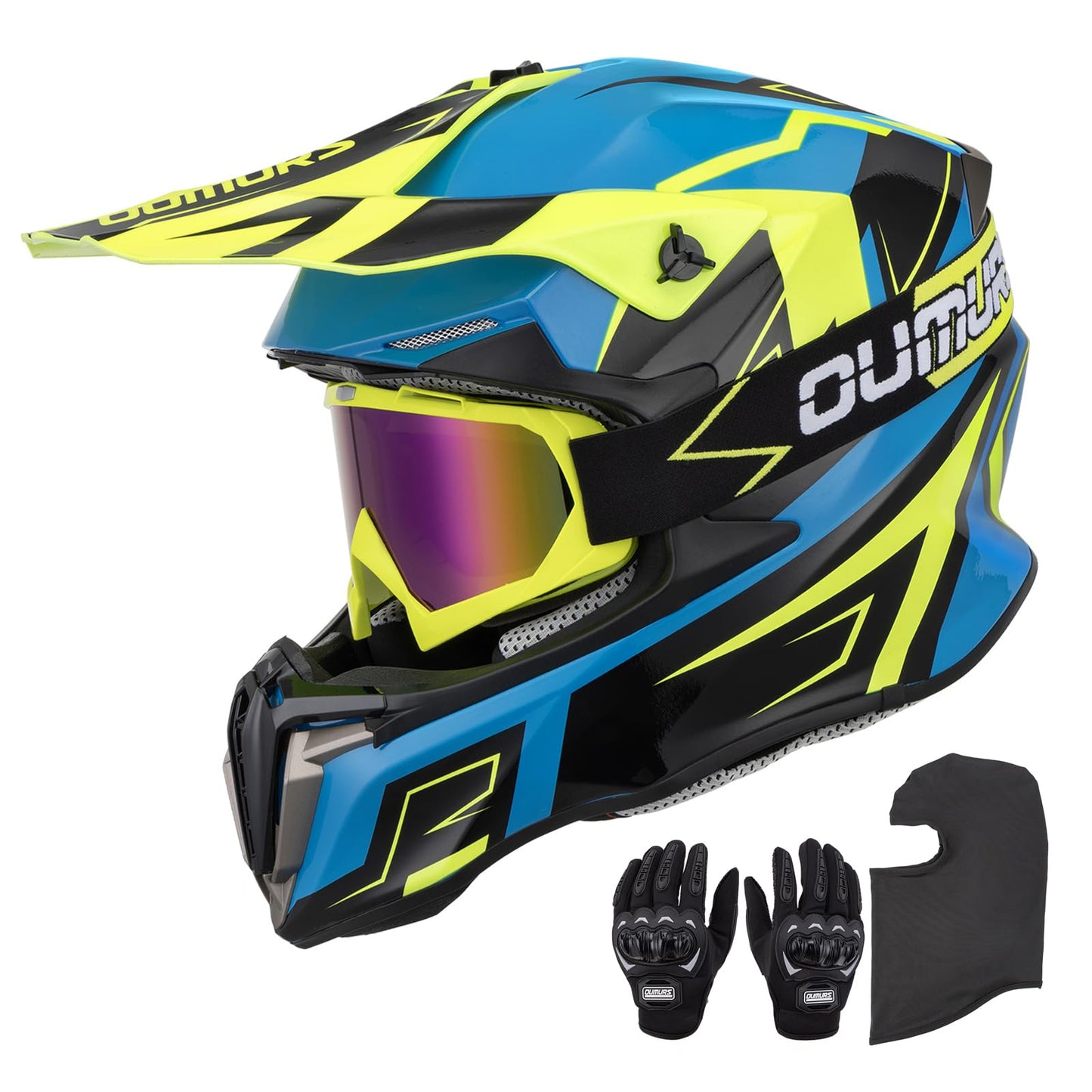OUMURS Adult ATV Dirt Bike Helmet with Gloves & Mask Adjustable Sun Visor Motorcycle Adult Helmet Off-Road Motocross Downhill Moped MX for Unisex-Adult-Yellow Blue, XL
