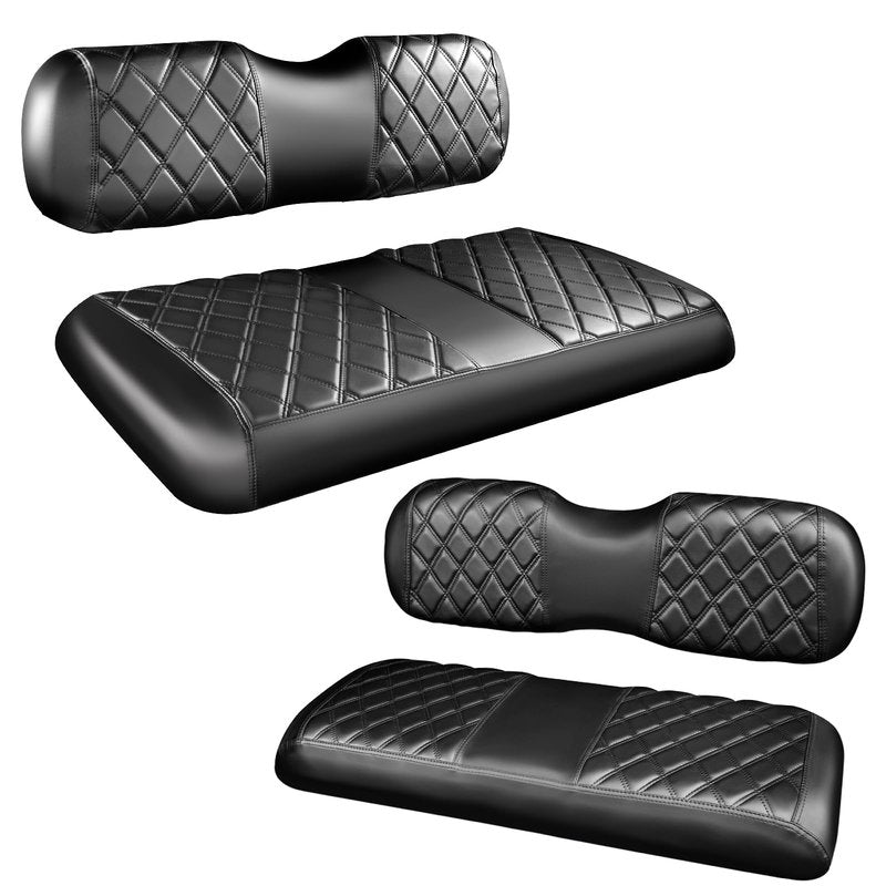 NOKINS 4PCS Golf Cart Diamond Seat Covers Kit,Front and Rear Seat Covers for Club Car Precedent/EZGO TXT/Yamaha Original Regular Seat Cushion (Black&Black Stitching, Fit EZGO TXT 1994-2013)