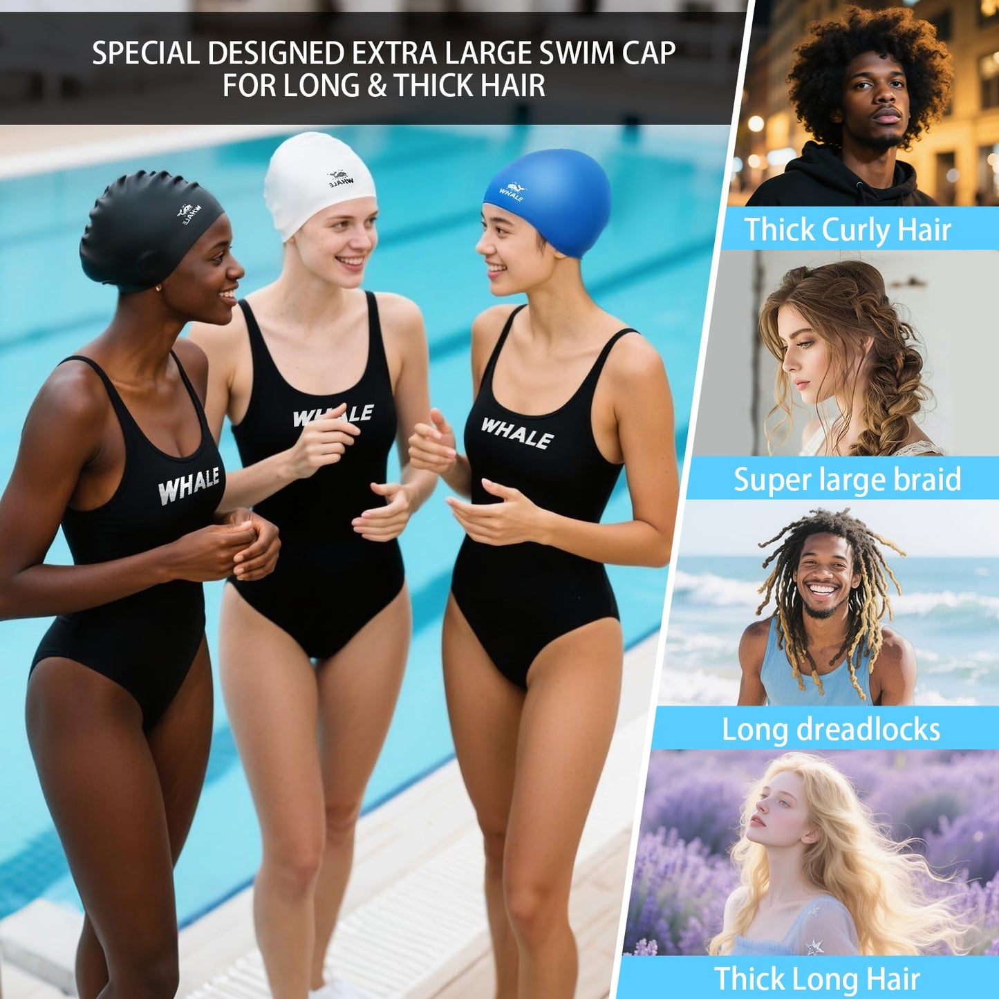 WHALE Extra Large Swim Cap for Women Men Non-Slip, High Elasticity Keeps Hair Dry Unisex Large Size Suitable for Long Hair, Curly Hair and African Dreadlocks (Black)