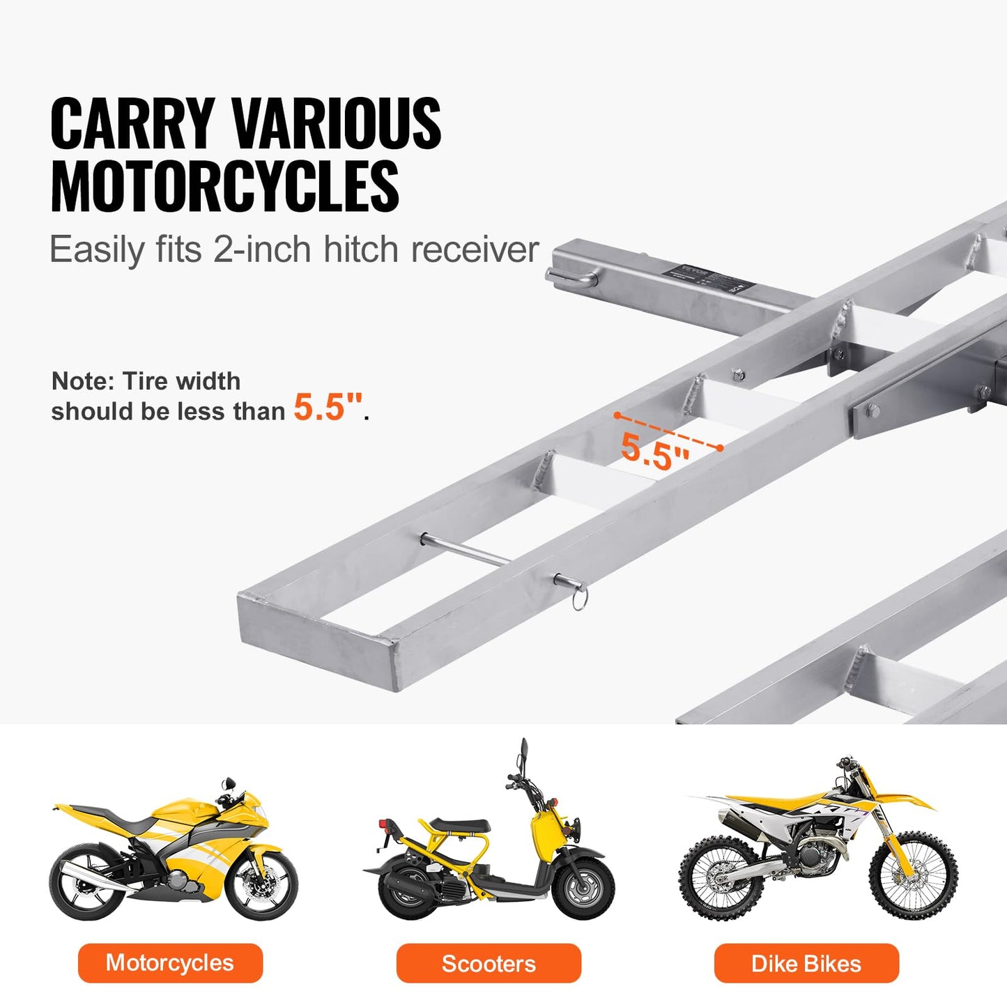 VEVOR Motorcycle Carrier, 2-Bike 600 LBS Aluminum Motorcycle Carrier Hitch Mount, Loading Ramp, Scooter Dirt Bike Trailer Hauler, Ratchet Straps and Stabilizer, for Car, Truck with 2" Hitch Receiver