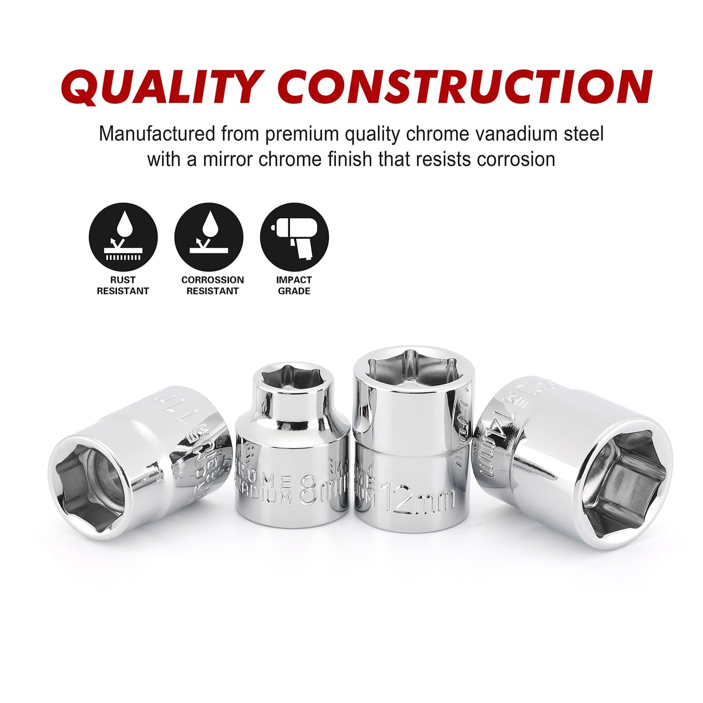 CASOMAN 14 Piece 3/8" Drive 6 Point Stubby Socket Set, Metric, Mirror Chrome Finish, 6,7,8,9,10,11,12,13,14,15,16,17,18,19mm