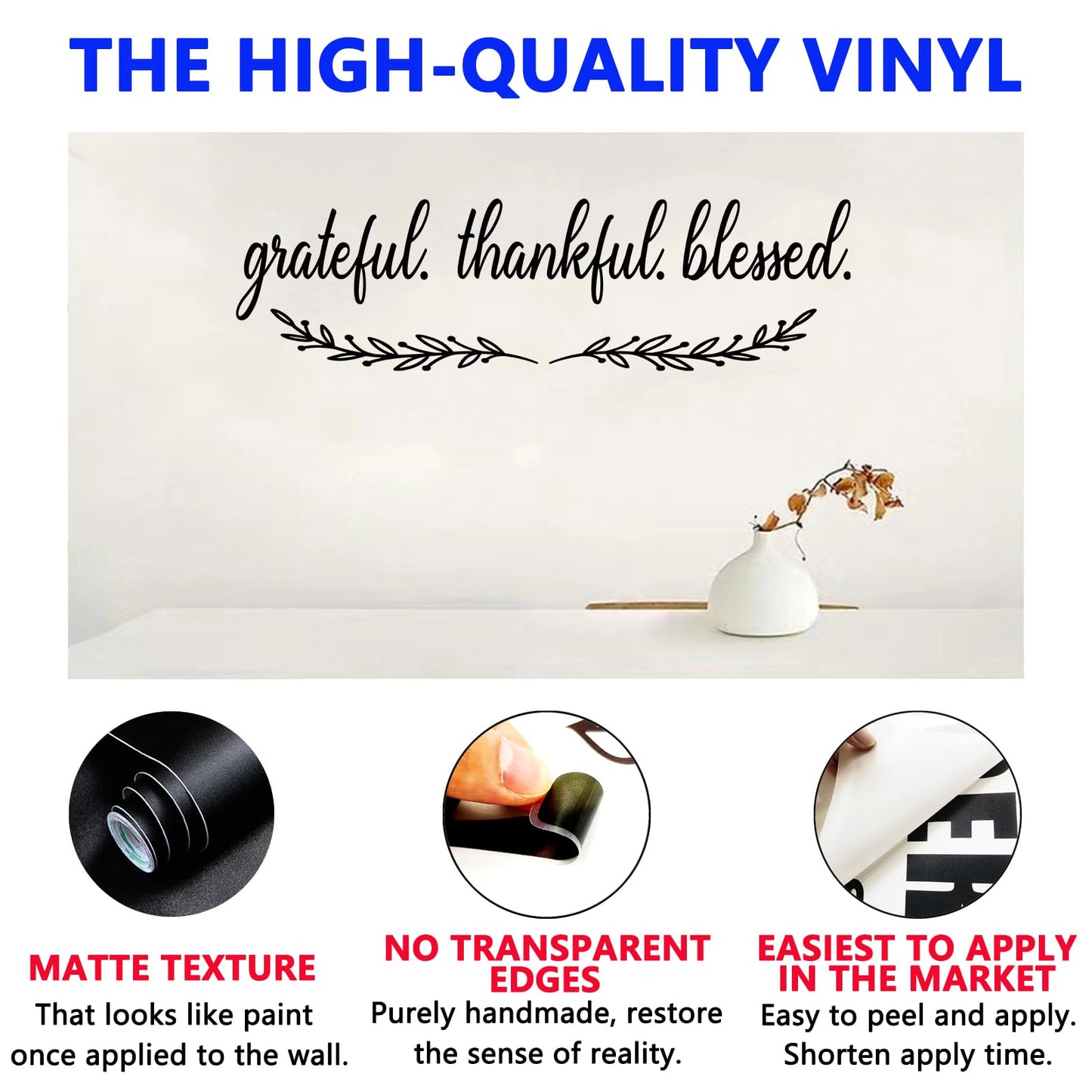 Inspirational Quotes Wall Stickers for Kitchen: Home Inspirational Pantry Dining Room Vinyl Art Wall Decals - Family Wall Decor - Grateful Thankful Blessed 25" X 7"