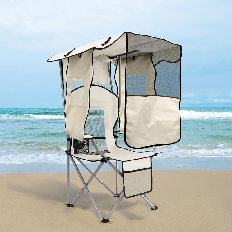 ptlsy Folding Camping Chair with Canopy, Beach Chair with Canopy Shade with Cup Holders, Cooler Bag for Camping, Fishing, Beach, Sports and Concert (White)