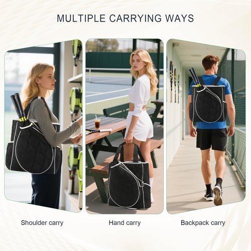 CCGTIOR 2-in-1 Tennis Tote Bag & Tennis Racket Backpack – Extra-Large Quilted Pickleball Racquet Bags, Water-Resistant & Lightweight for Men & Women (Black)