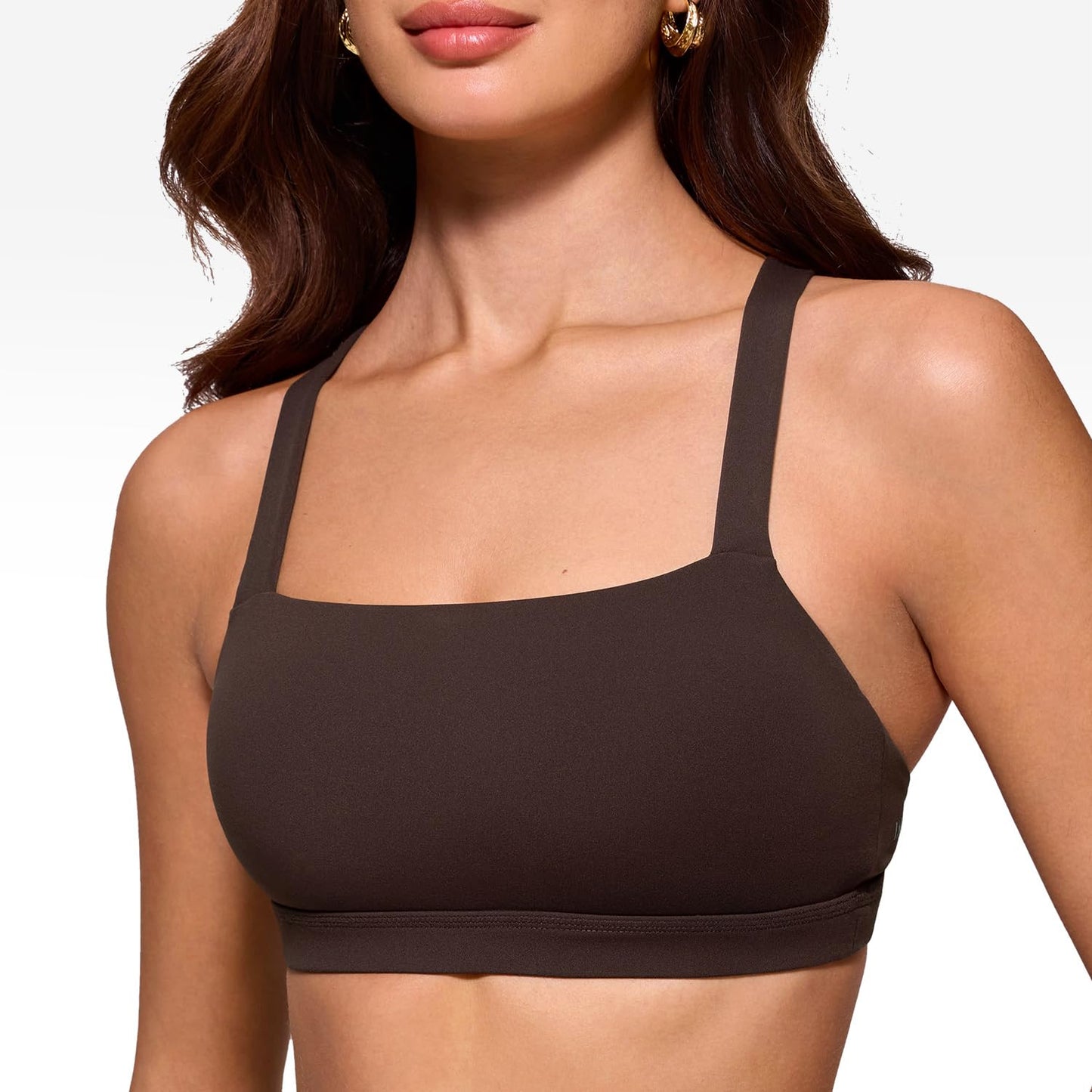 INGIA Women's Square Neck Sports Bra Strappy Criss Cross Wide Straps Workout Padded Cami Yoga Bra Gym Pilates Top Hot Fudge Brown Small