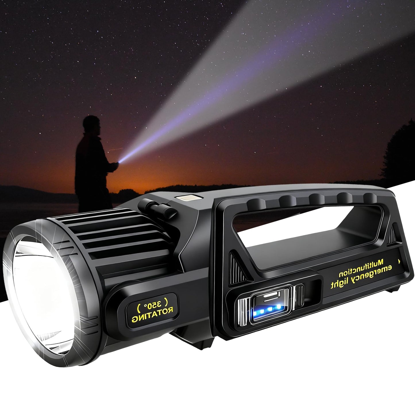 LETOUR 1450000 L Spotlight, Rechargeable Led Spotlight Flashlight with 350° Rotate Head, 9 Modes Super Bright Spot Lights Outdoor Handheld, IPX6 Waterproof Solar Flashlight for Emergencies,XX-Large